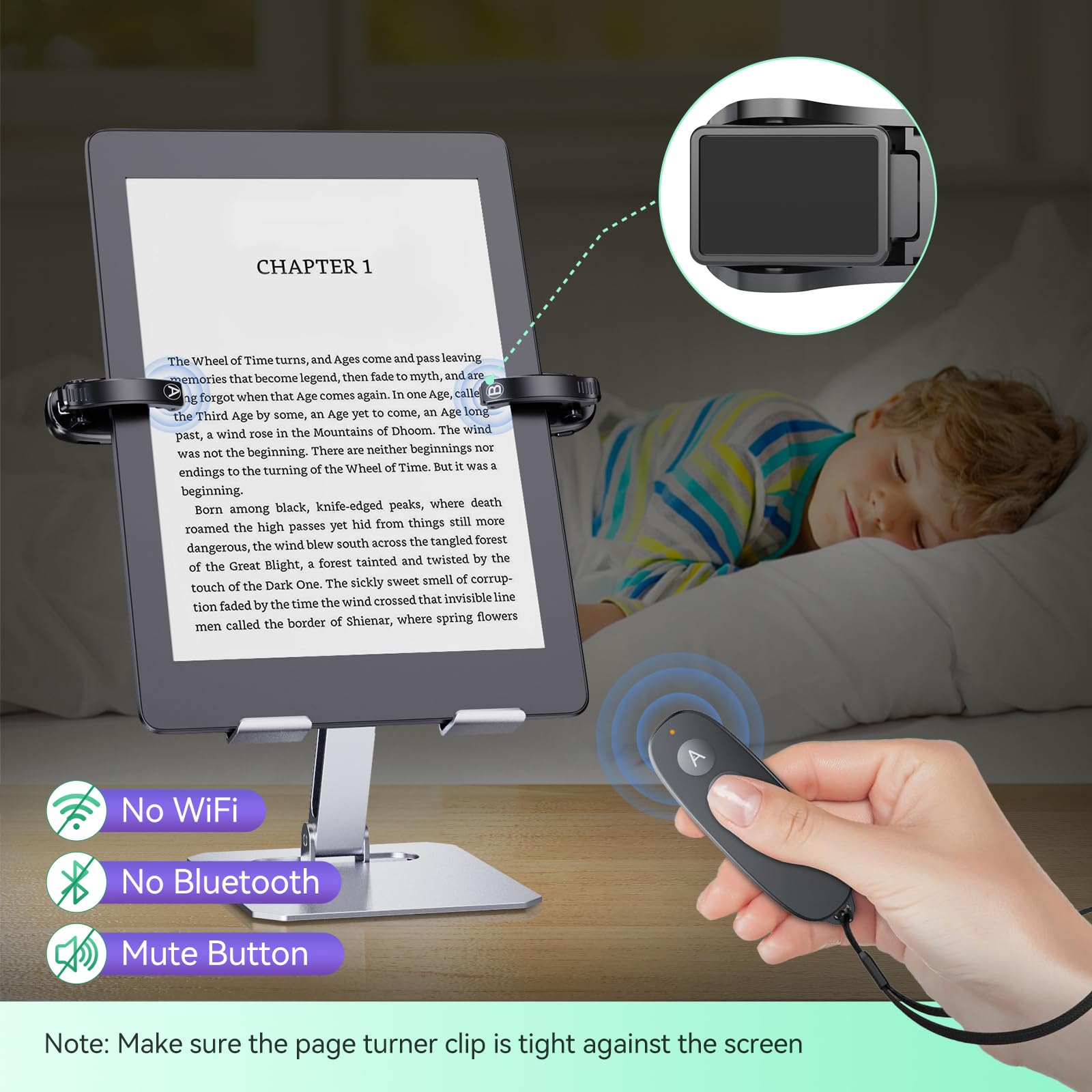 Remote Control Page Turner, Wireless Page Turner, Usb-C Rechargeable, No Bluetooth, No Wifi Required, Fingerprint-Resistant Clip