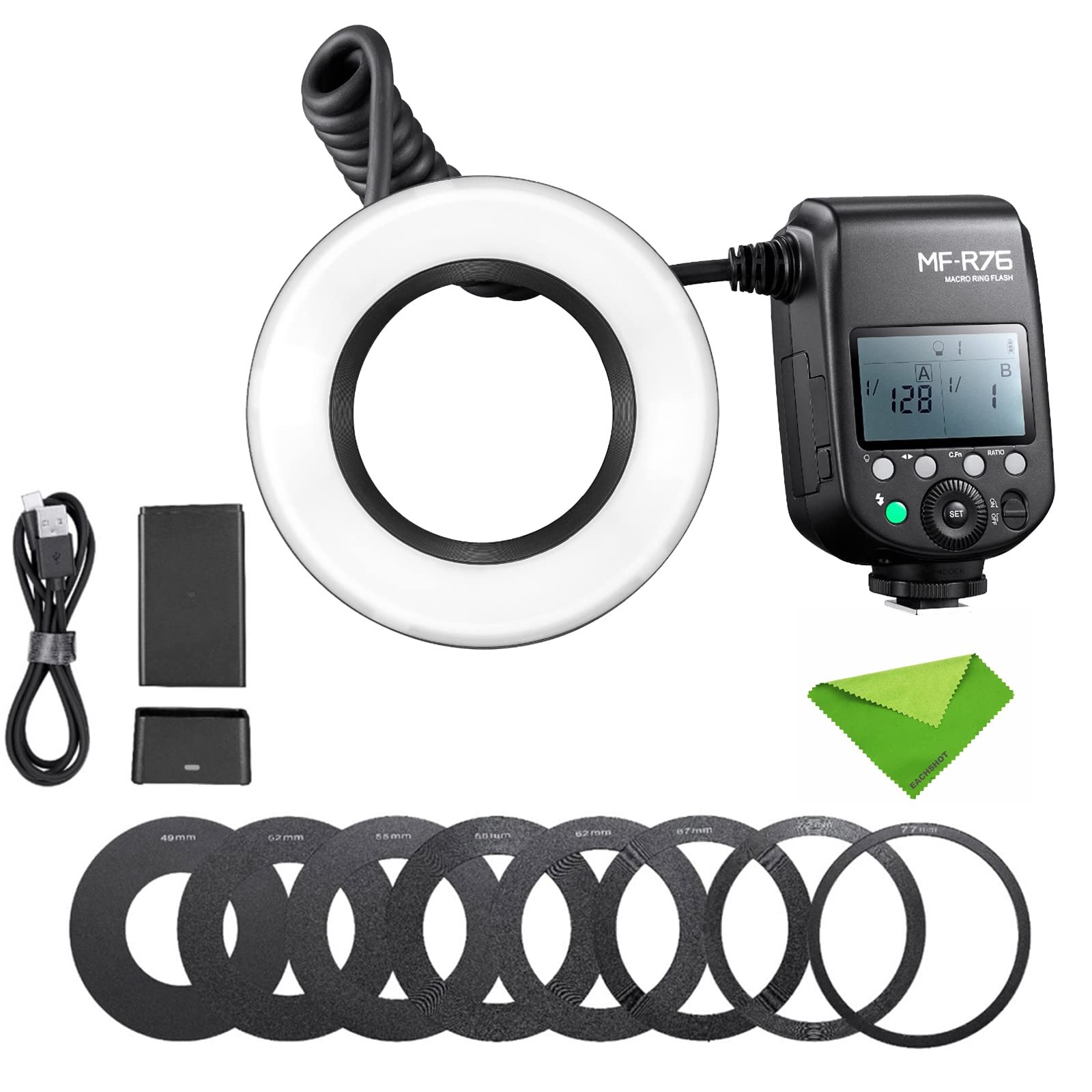 GODOX MF-R76 Macro LED Ring Flash Speedlite 76Ws 660 Full-Power Flashes Dual-Flash Tubes Power Adjustment 1/128 to 1/1 10 Levels