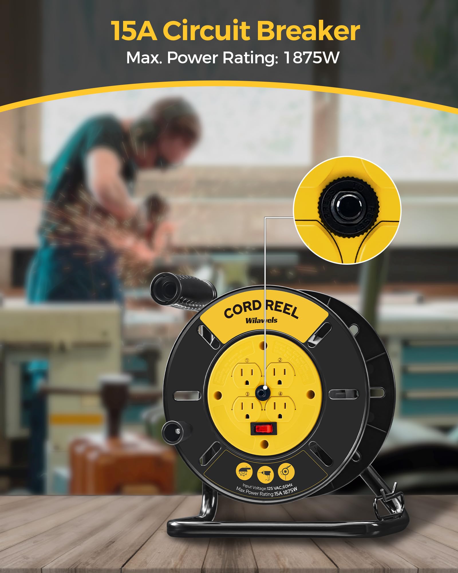 WILAWELS Extension Cord Storage Reel 4-Grounded Outlets 15A Circuit Breaker Heavy Duty Hand Wind Yellow Y95CR06