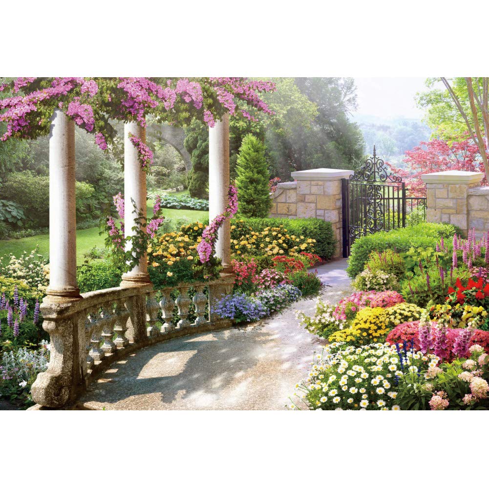 Dorcev 8X6Ft Spring Beautiful Garden Photography Backdrop Vintage Garden Architecture Pillars Blooming Flowers Background Outdoo