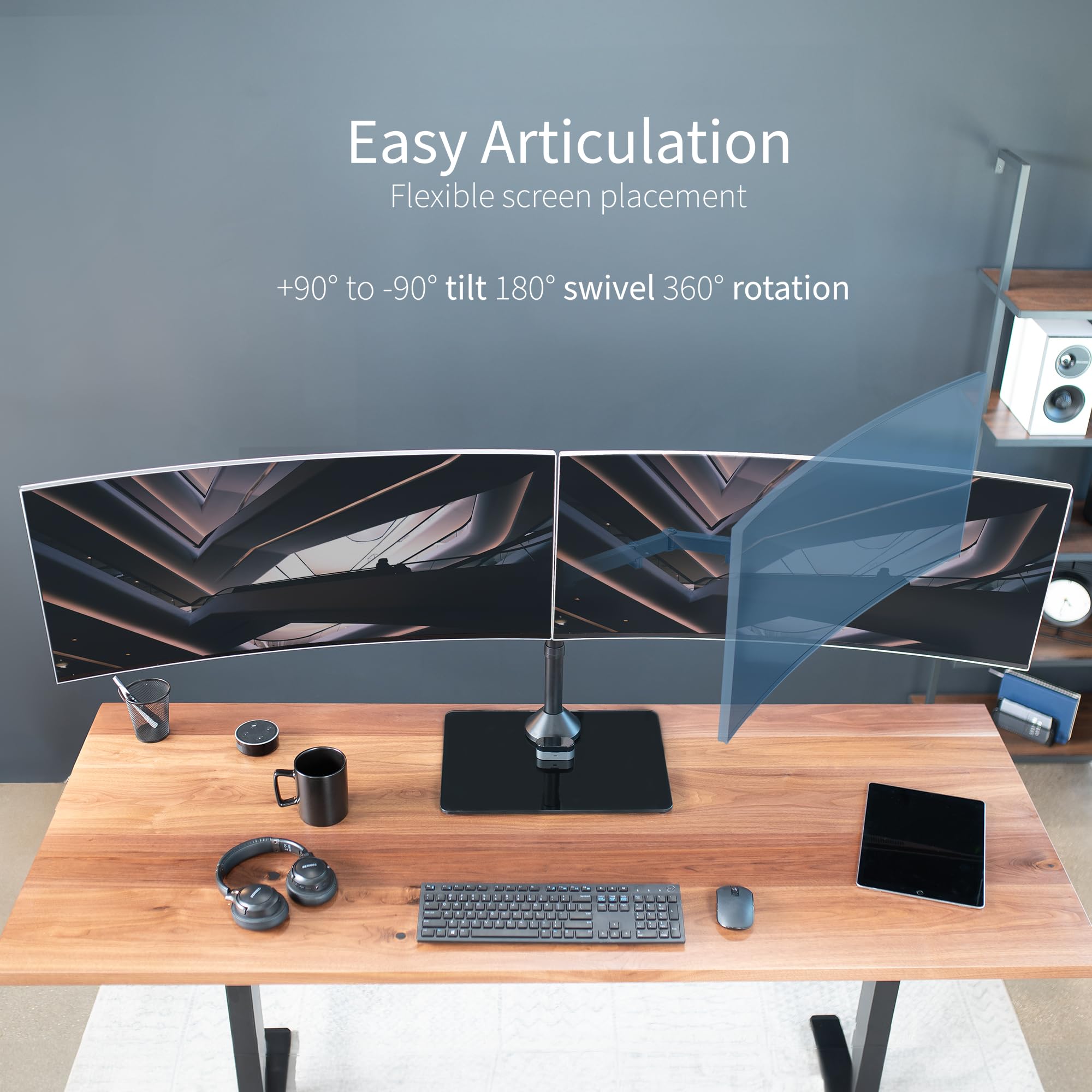 VIVO Freestanding Dual Ultrawide Monitor Stand with Sleek Glass Base and Adjustable Arms, 2 Screens up to 38 inches and 22 lbs Each, Black, STAND V038FG