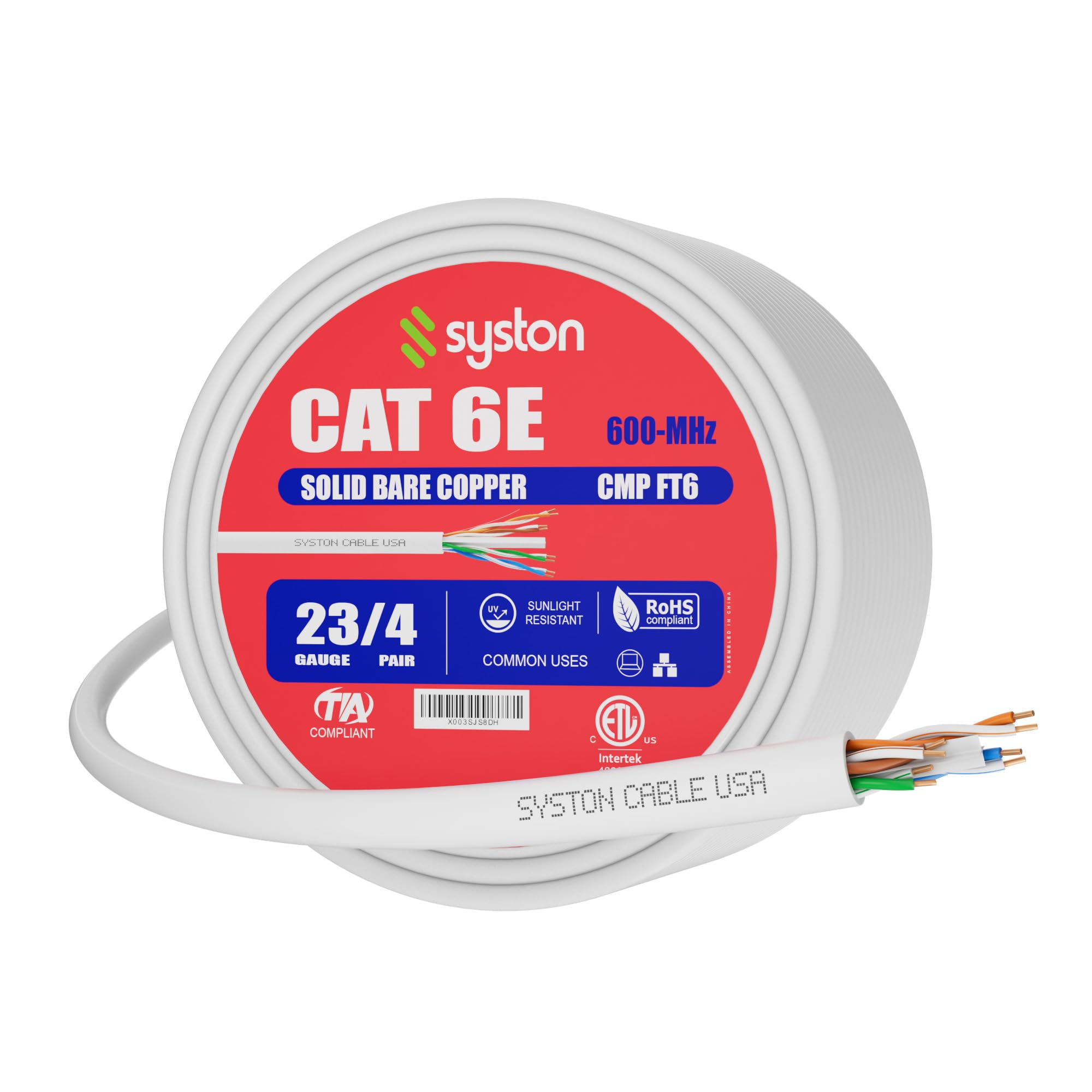 Syston Cable Technology Cat6E Ethernet Internet Cable   100 Ft,600Mhz 23Awg Solid Bare Copper Wire Outdoor/Indoor Suit, No Ends 10 Ft To 1000 Ft Available, Heat Resistant Plenum Rated   Cmp