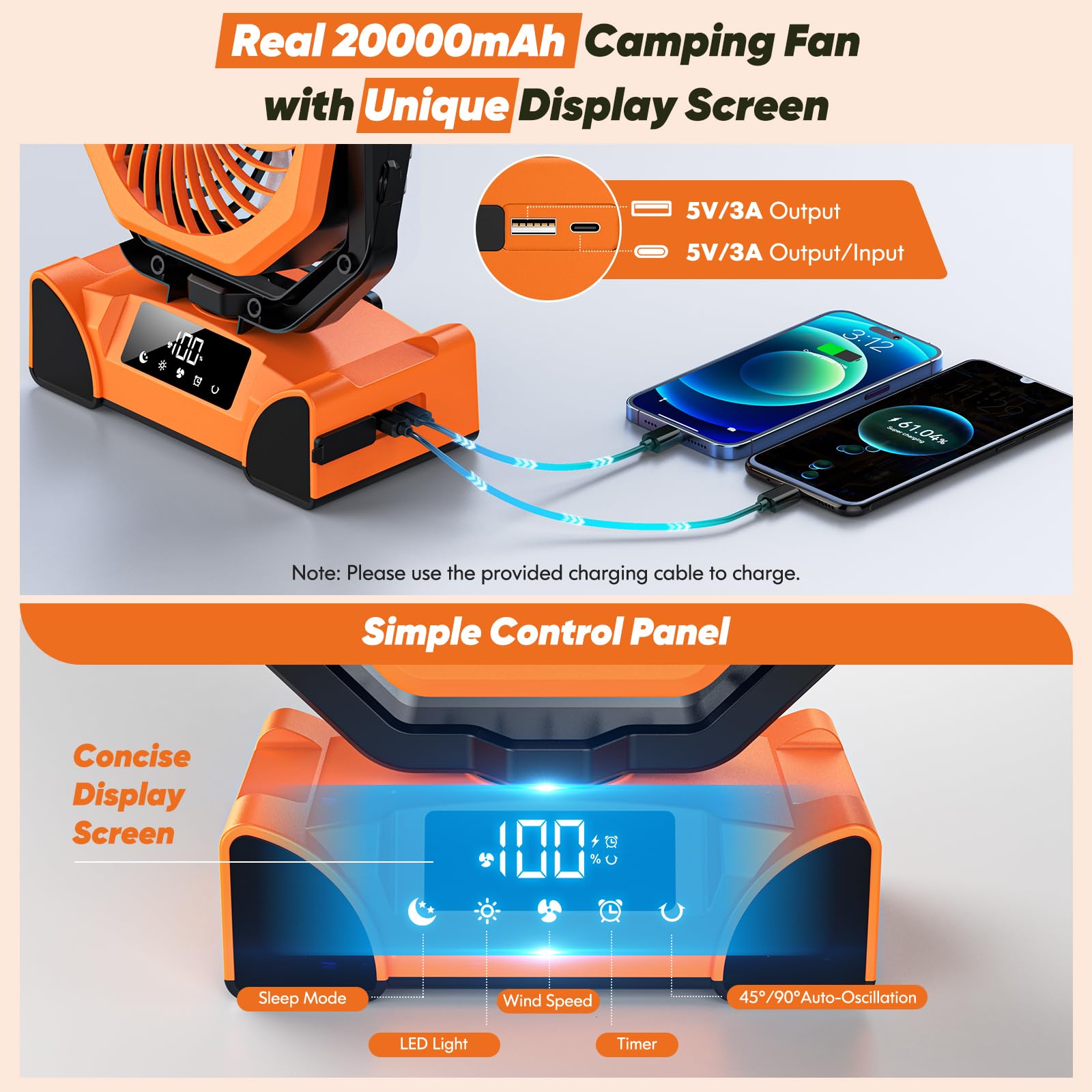 Portable Rechargeable Fan, 20000Mah Battery Powered Fan With Led Light, Camping Fans For Tent Remote Control, 5 Speed & Hook, 10