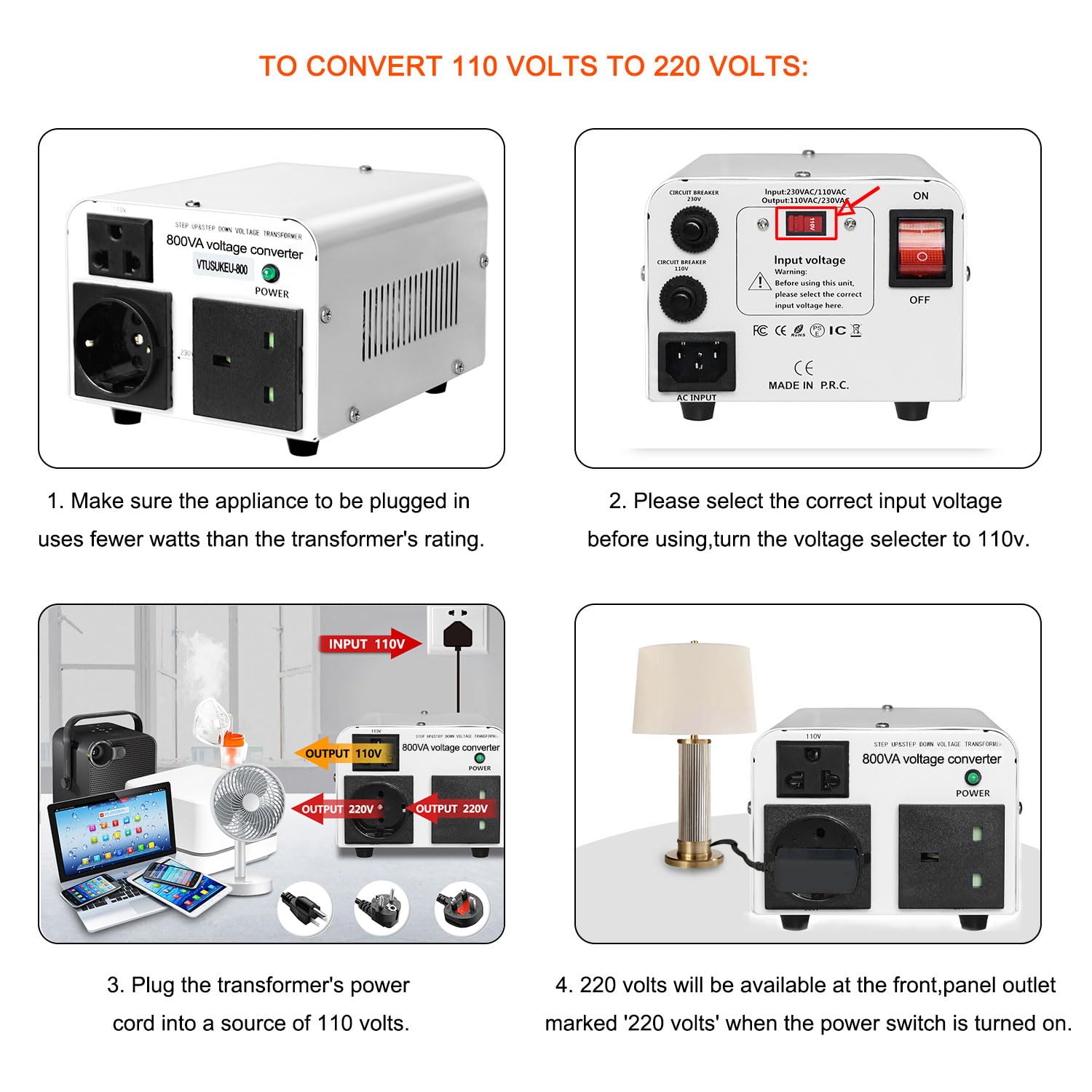 Yinleader 800W Step Up & Step Down Voltage Converter Transformer Convert 110V/120V To 220V/240V Or From 220V/240V To 110V/120V F