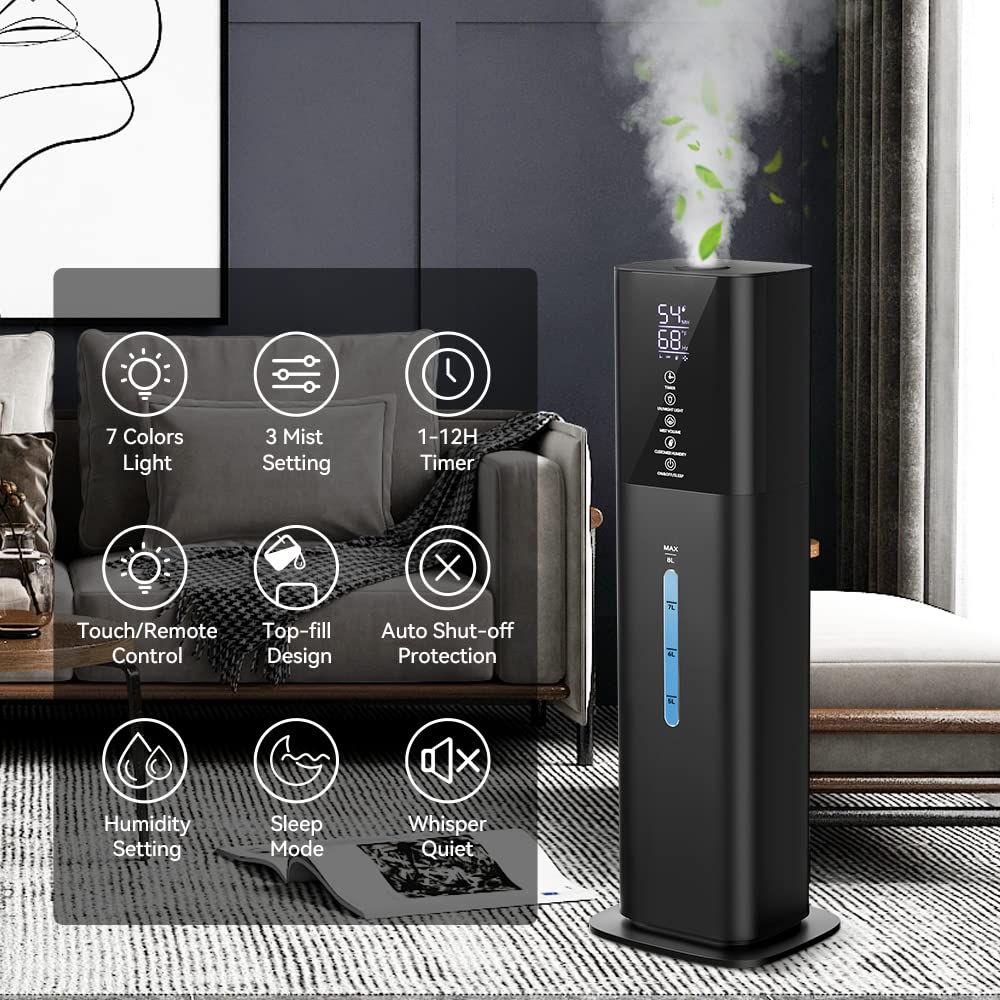 Humidifiers Large Room Bedroom With 7 Colors Light, 2.1Gal(8L) 3 Speed Quiet Ultrasonic Cool Mist Humidifier With 360 Nozzle, Hu