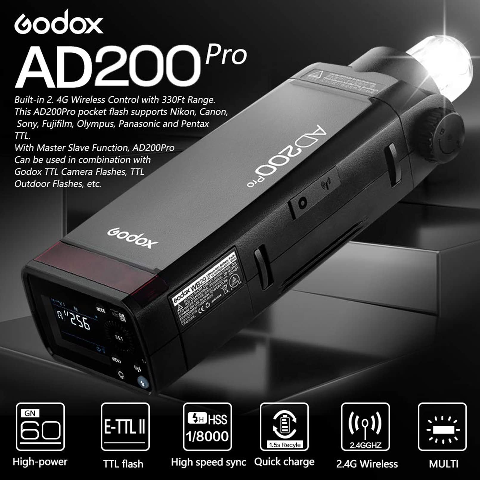 Godox Ad200 Pro Ad200Pro Pocket Flash Strobe, 200W Strobe Flash Monolight Hss 1/8000S Ttl Speedlite, Powerful Li Ion Battery, Wi