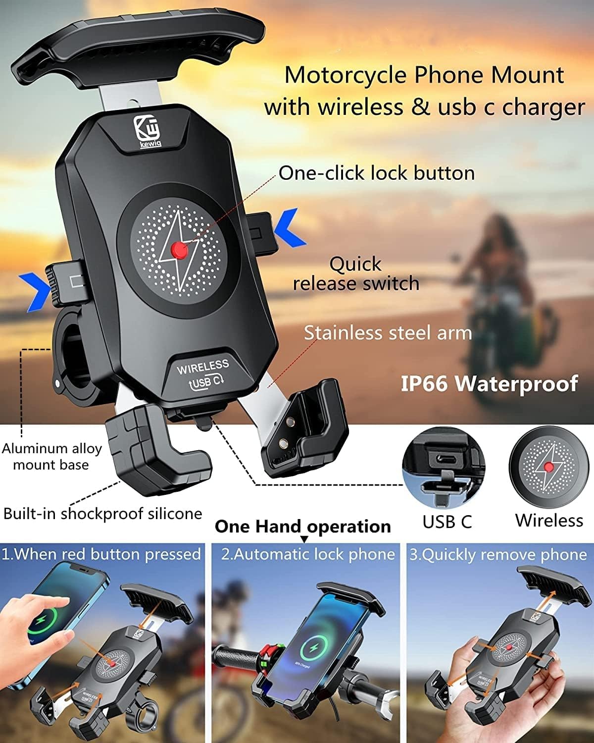 Kewig Waterproof Motorcycle Phone Mount Qi 15W Wireless & Usb C 20W Fast Chargeing Port, One Push Automatically Lock & Quick Rel