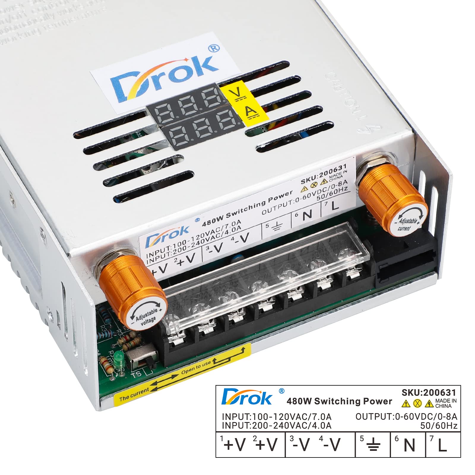 Drok 60V Power Supply, Ac 110V 220V To Dc 0 60V 0 8A 480W Buck Converter, Amp Adjustable Adapter Regulated 12V 24V 36V 48V 60Vol