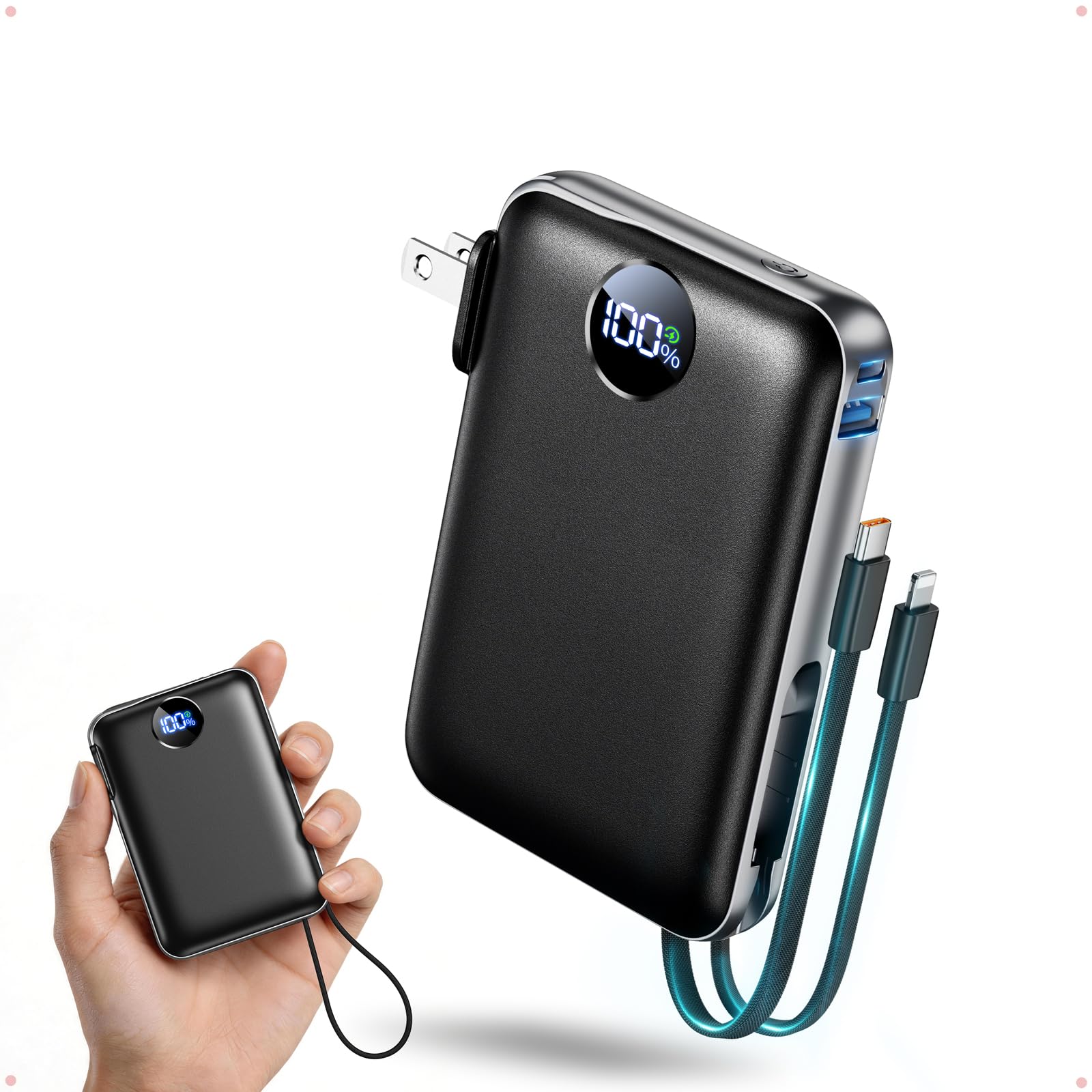 Portable Charger with Built-in Cables & Wall Plug, 10000mAh Power Bank, 4 Outputs 22.5W USB C Fast Charging, Mini Travel Essenti