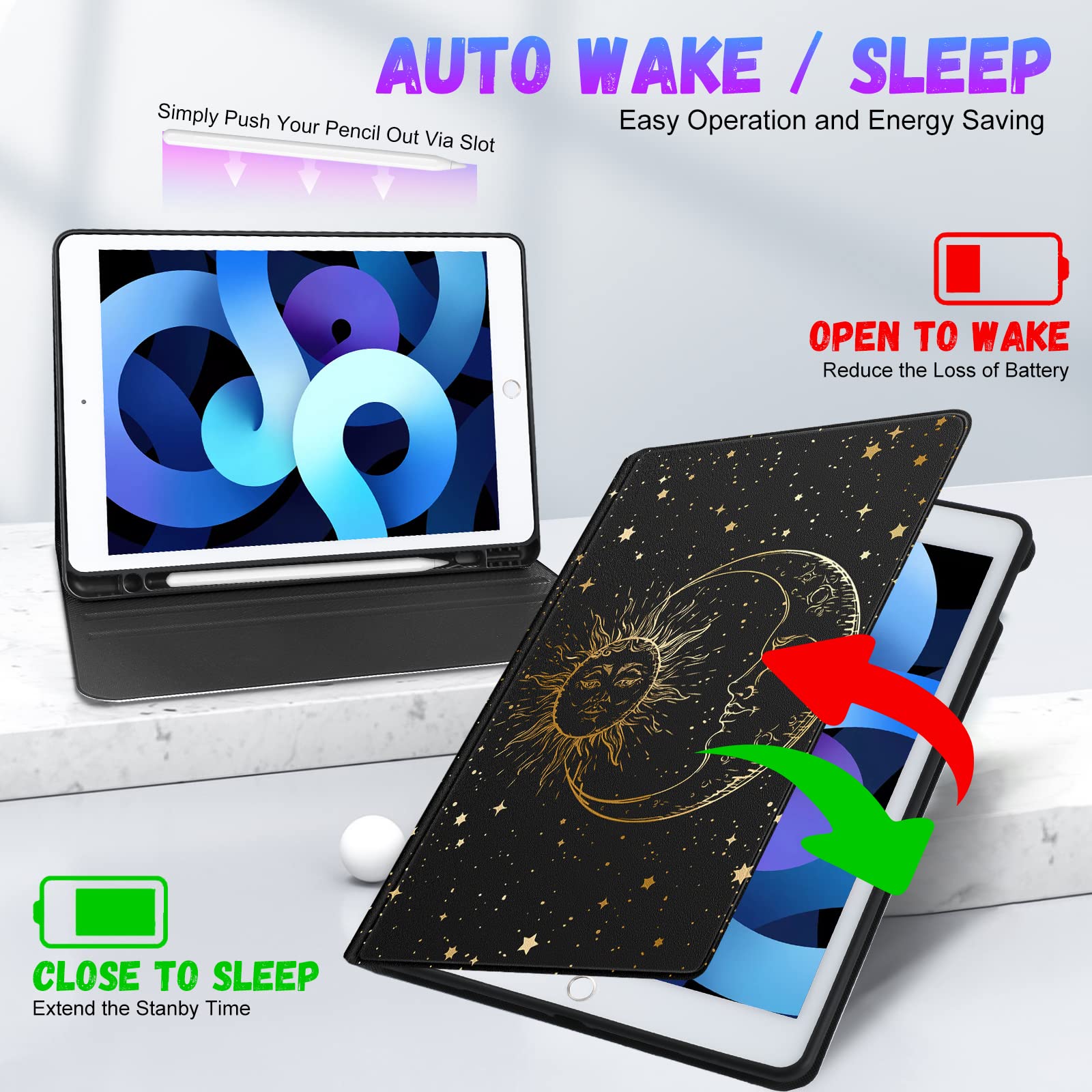 Uppuppy For Ipad 9Th/8Th/7Th Generation Case 10.2 Inch Girls Cute Boys Women Folio Smart Cover Pencil Holder Sun And Moon Aesthe