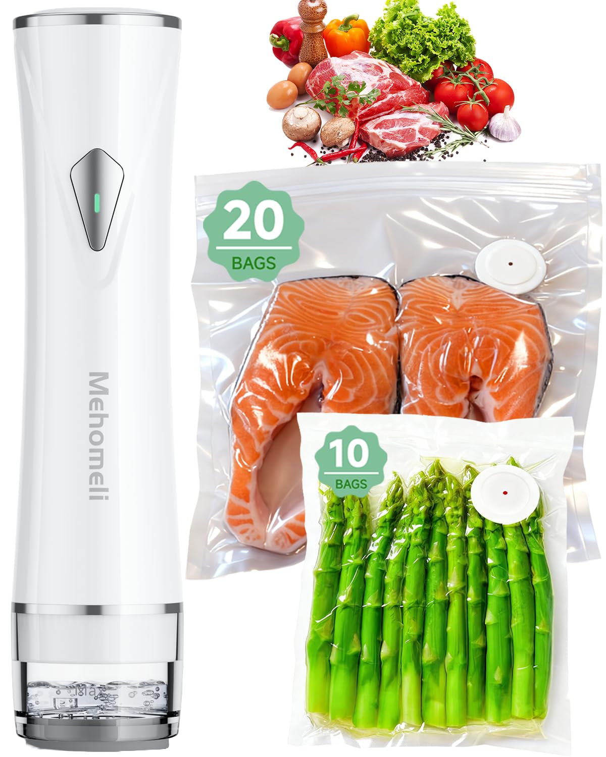 Mehomeli Compact Vacuum Sealer for Food (Vacuum Sealer Machine + 30 Reusable Vacuum Bags), Powerful Handheld Vacuum Sealer Machi