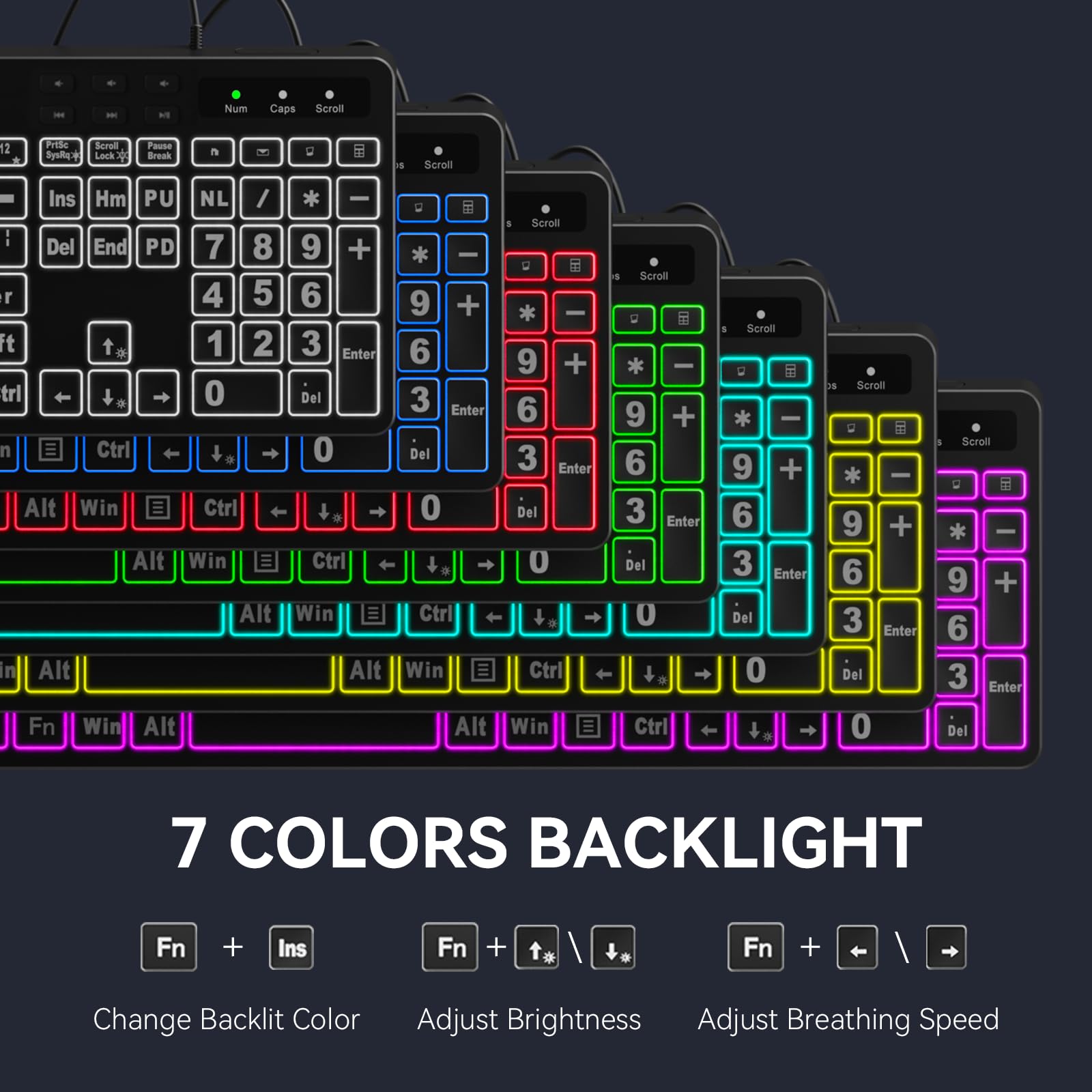 Marvo Large Print Backlit Keyboard, Wk712 Wired Computer Keyboard With 7 Colors & 11 Modes Backlight, Silent Light Up Keyboard With Tablet Phone Holder, Full Size Gaming Keyboard For Windows, Mac
