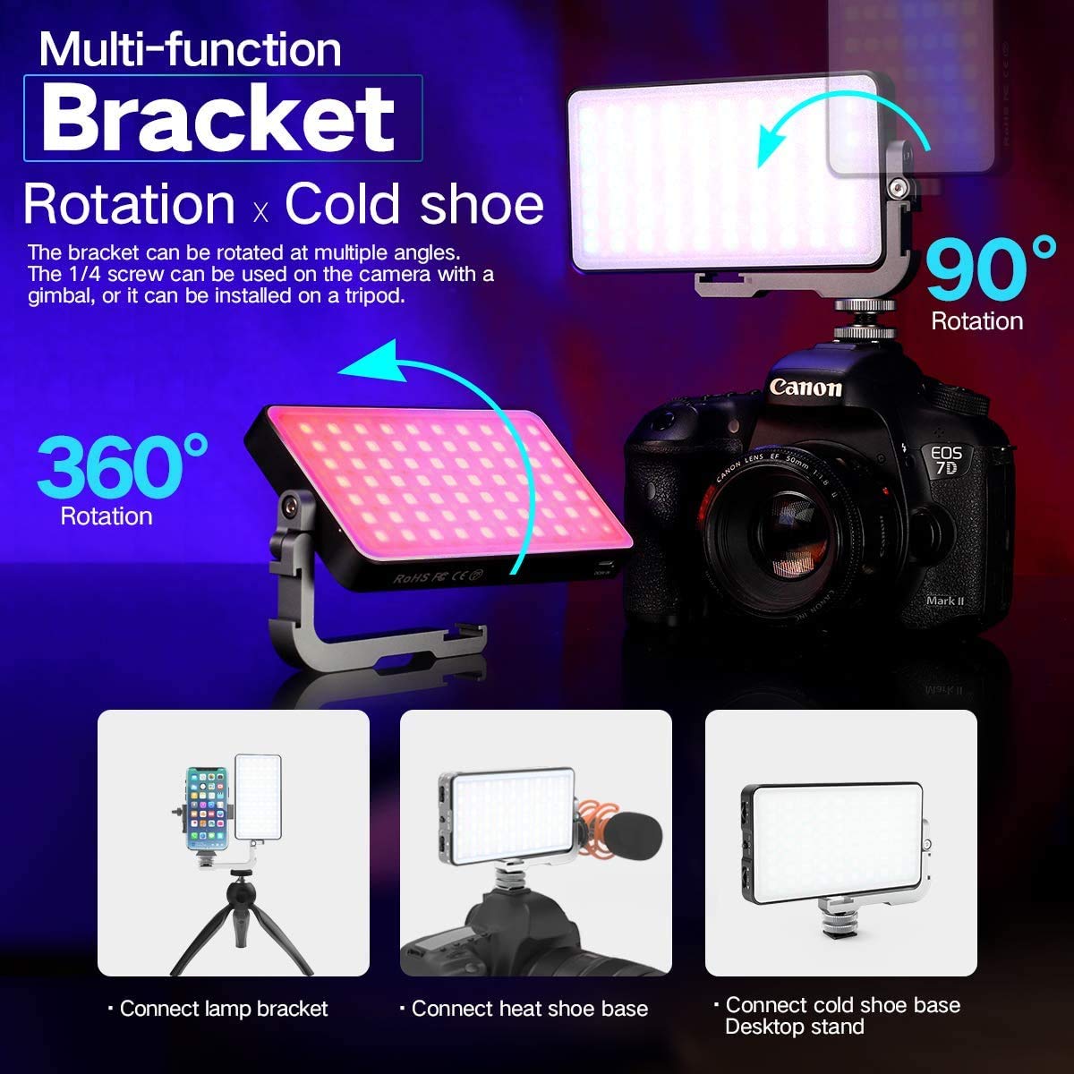 Ivisii G2 Rgb Portable On Camera Light, Built In 4300Mah Lithium Battery Video Conference Lighting, 2600 10000K 12W Full Color Led Light Panel For Photography, Studio, Wedding Shooting