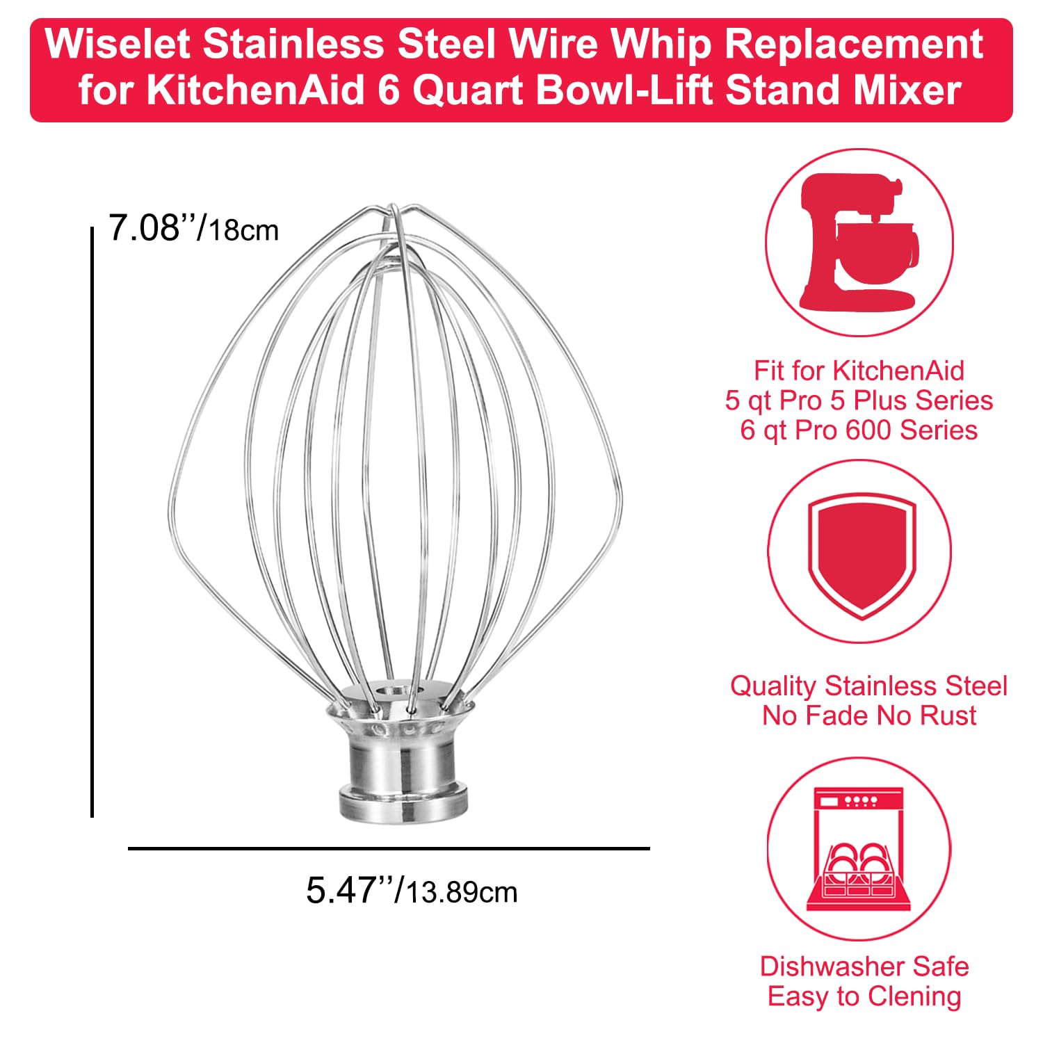 Kn256 Stainless Steel Wire Whip For Bowl Lift Mixer 6 Quart Bowl, 6 Wire Whisk Fits For Professional 600, Kp26M1X,Kd2661X,Kp2671