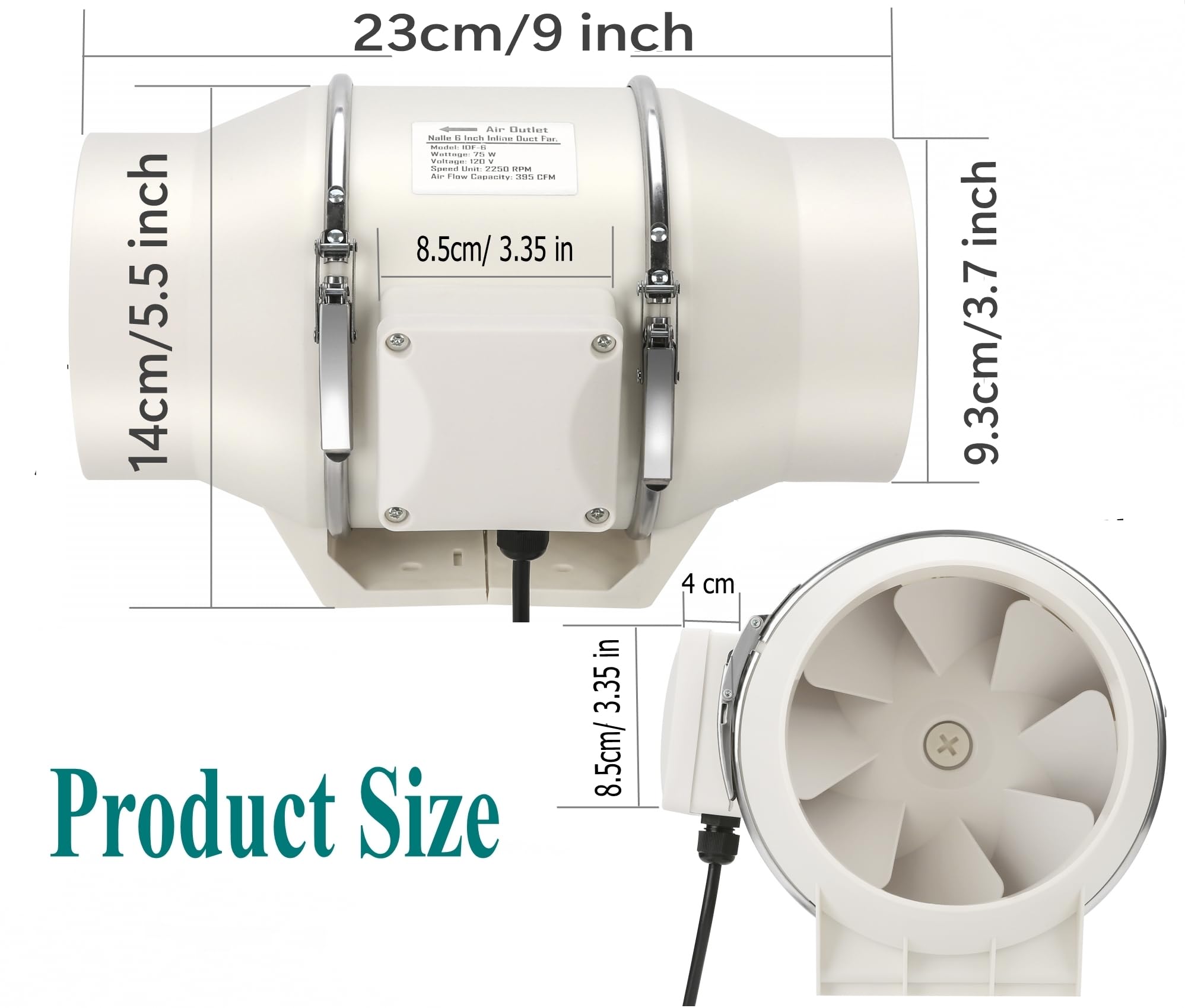 Nalle 4 Inch Inline Duct Fan - 50W, 280 CFM, Quiet Copper Motor, Plastic, White, Model IDF-4