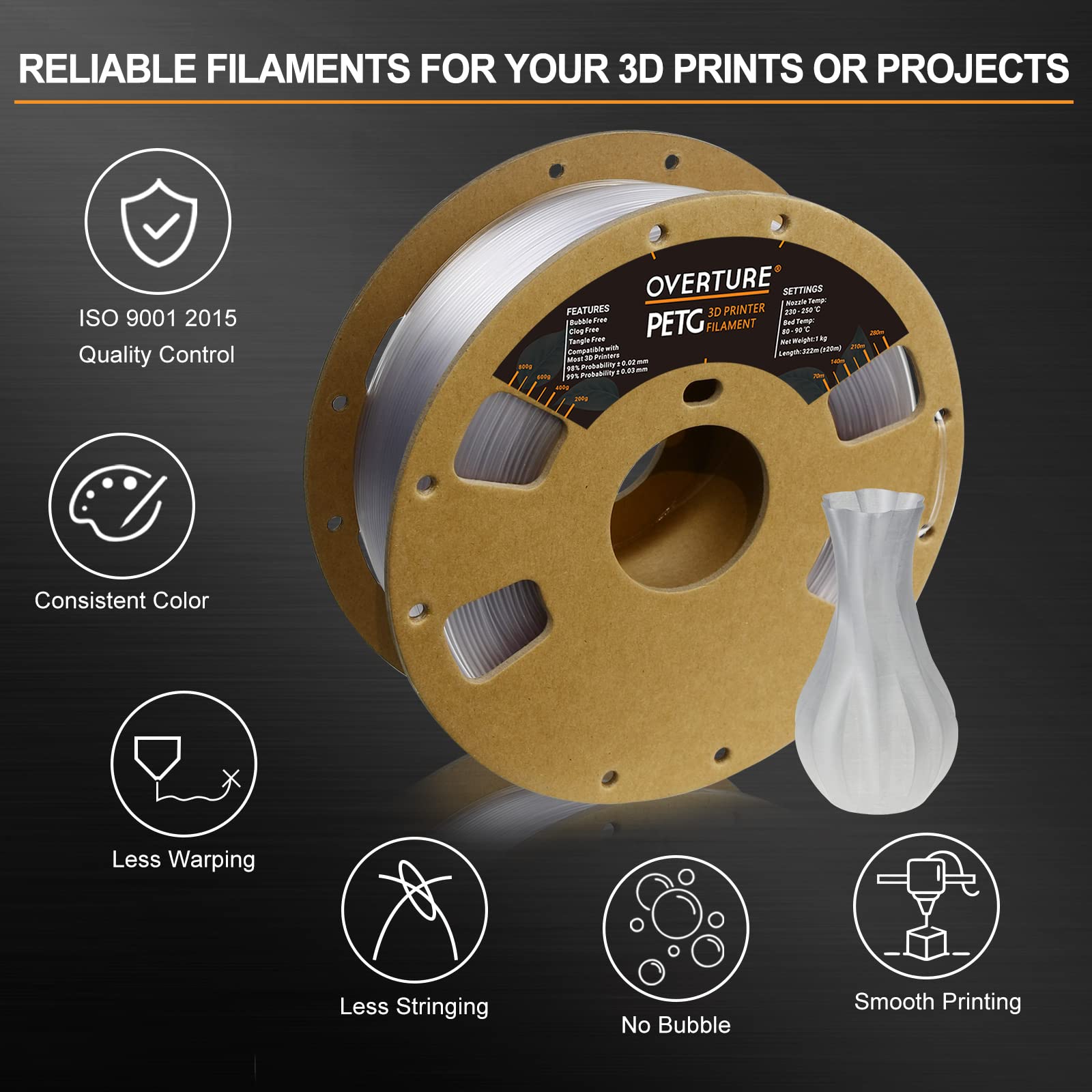 Overture Transparent Filament Clear Petg Filament 1.75Mm, Petg Transparent 3D Printer Consumables, 1Kg Filament (2.2Lbs), Dimens