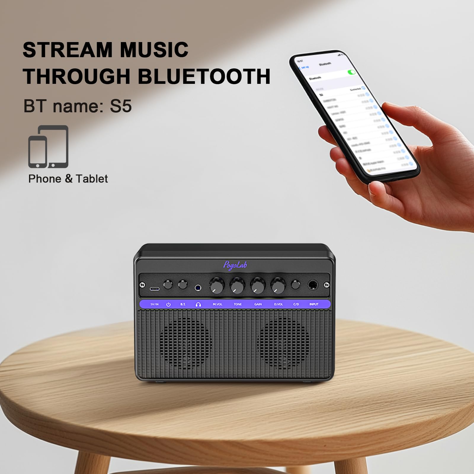 Portable Electric Guitar Amplifier, Pogolab Mini 10W Dual Speakers Bluetooth Amp With Rechargeable Battery (5H Play), Clean/Dist