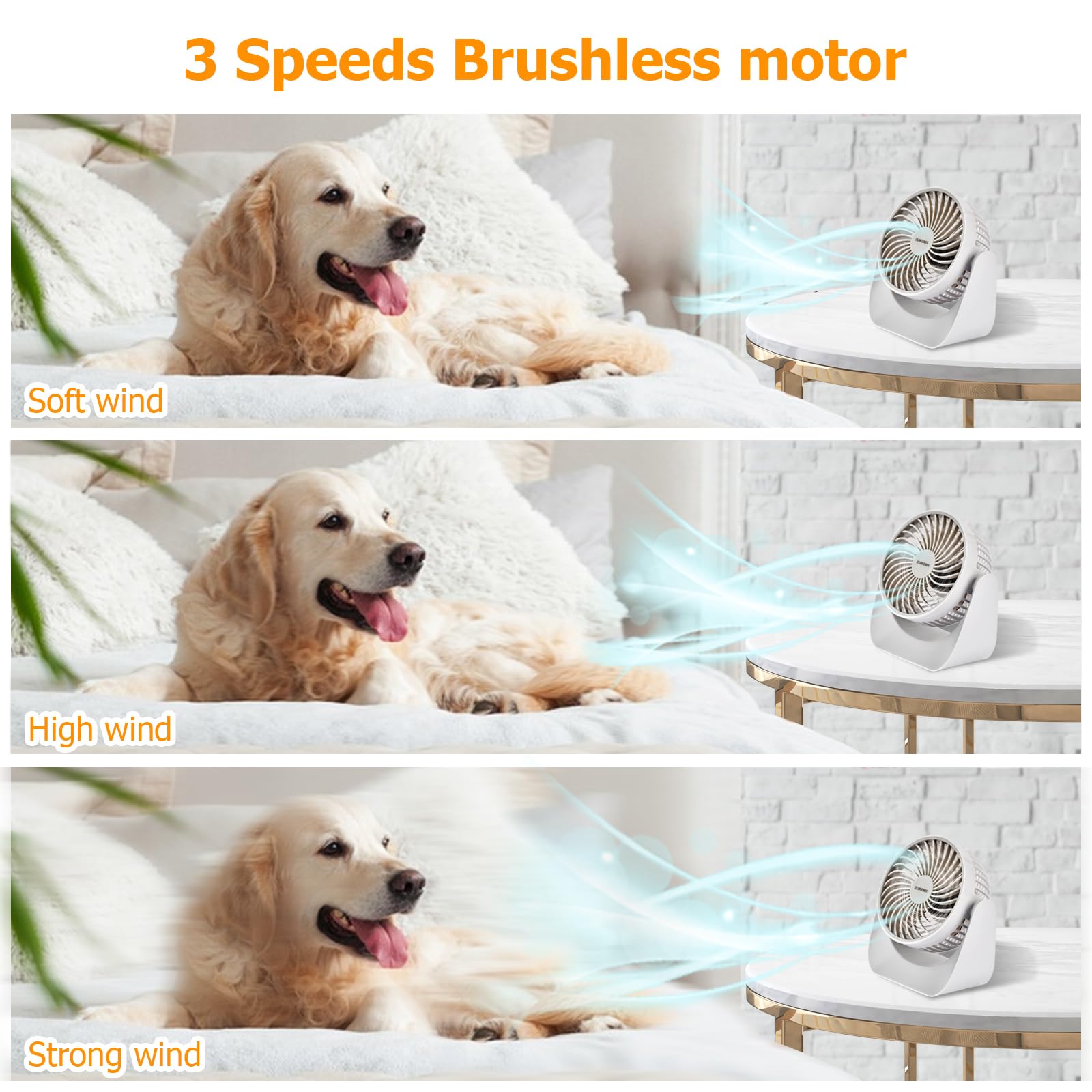 Desk Fan With Strong Airflow, 6.8 Inch Quiet Small Portable Table Fan, Brushless Motor, 3 Speed Settings, 360 Adjustable Tilt He