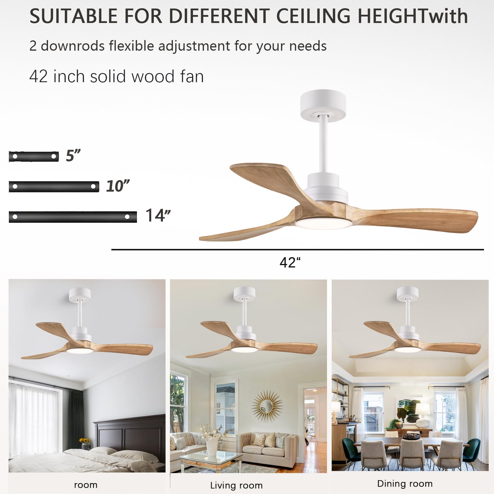 Dearnow 42'' Ceiling Fans With Lights With Remote Control, Indoor Outdoor Wooden Ceiling Fan With 3 Wooden Blades For Patio, Liv