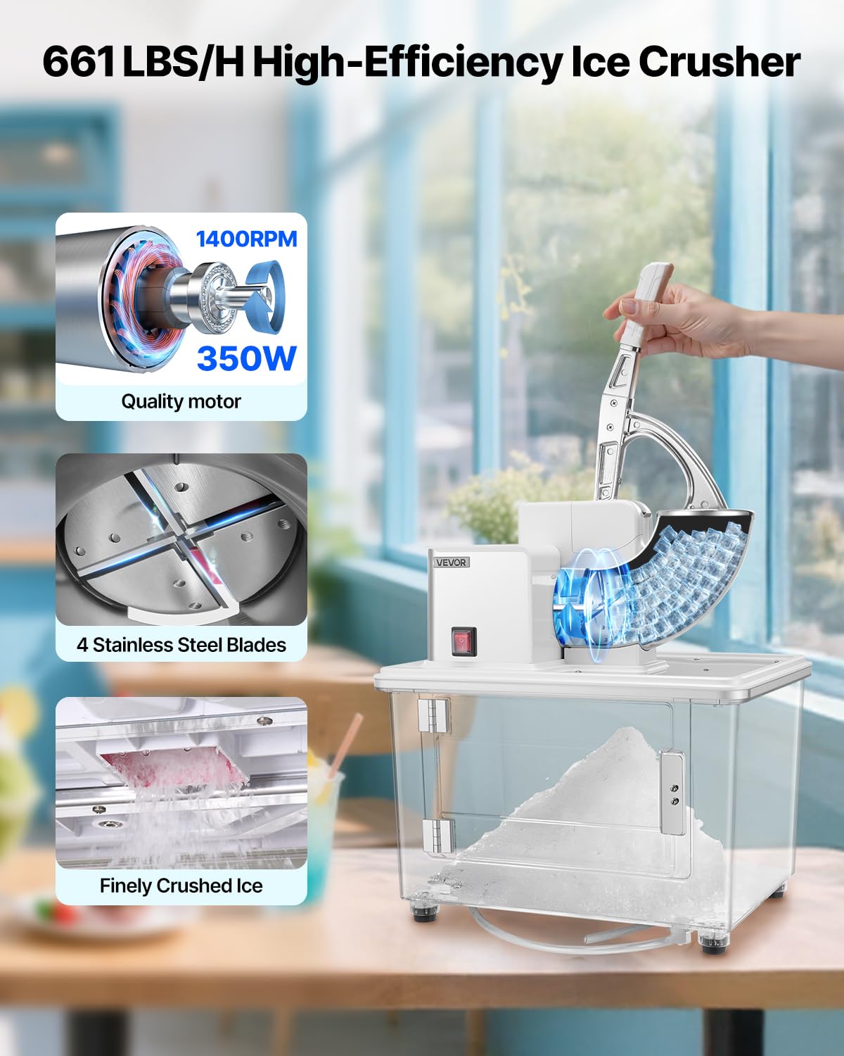 Vevor Commercial Ice Crusher 661Lbs/H, 350W Electric Snow Cone Machine With 4 Blades, 1400Rpm Stainless Steel Shaved Ice Machine