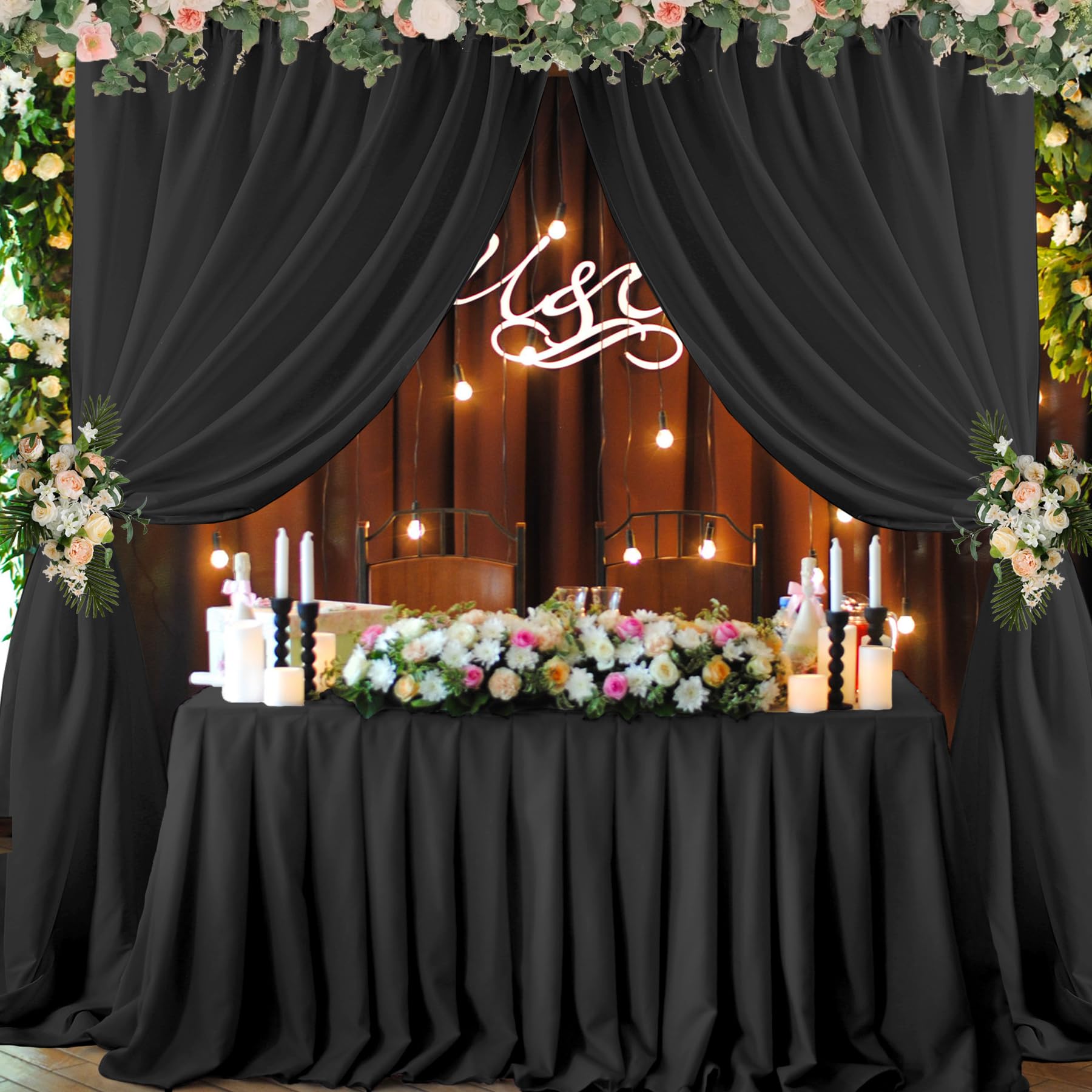 10Ft X 10Ft Black Backdrop Curtain Panels For Parties, Thick Polyester Wedding Backdrop Drapes For Birthday Photography Backgrou