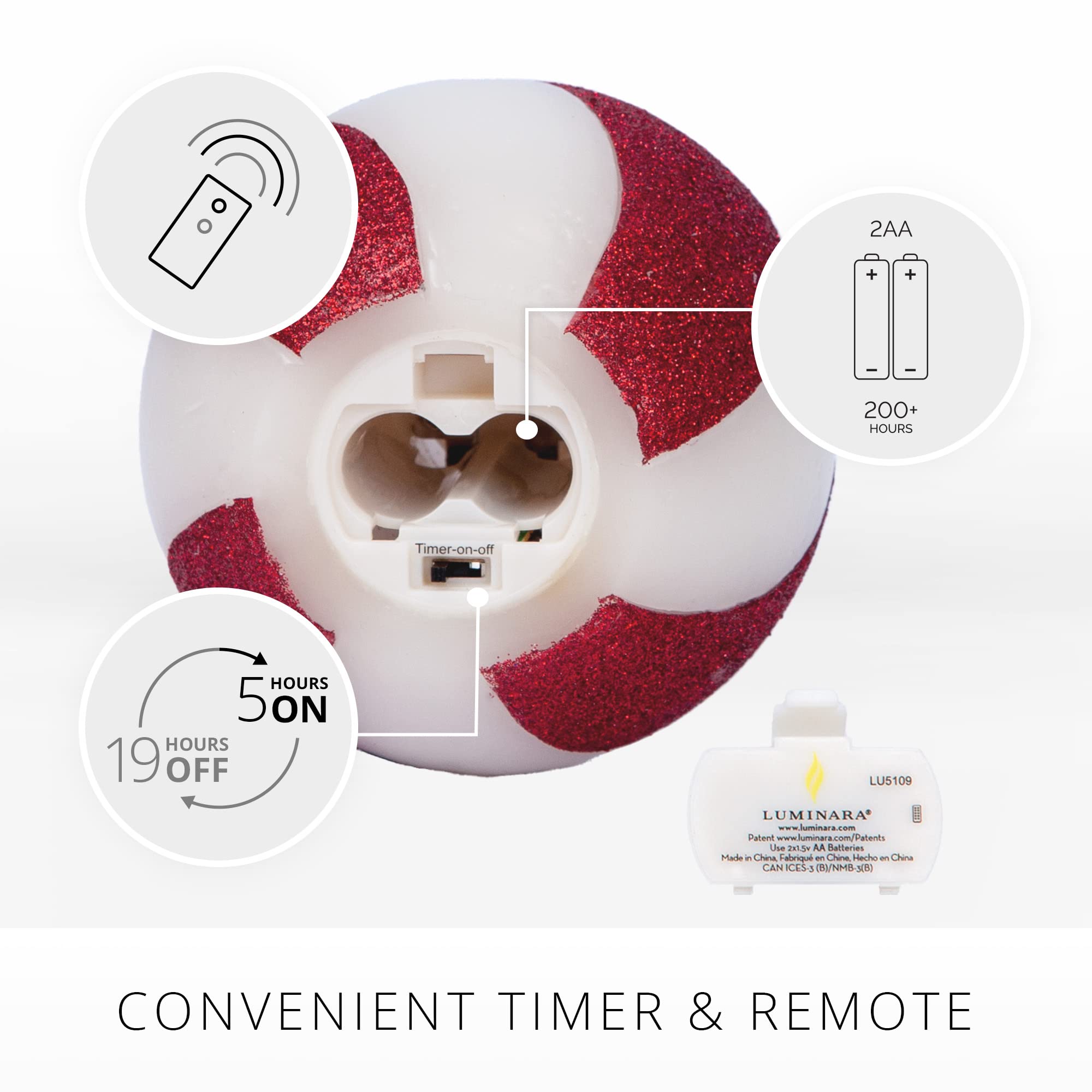 Luminara   Flameless Holiday Crystal Beads Glitter Sphere Candle   Candy Cane Red   Pack Of 1 4X4.25   Auto Timer Built In 5 Hou