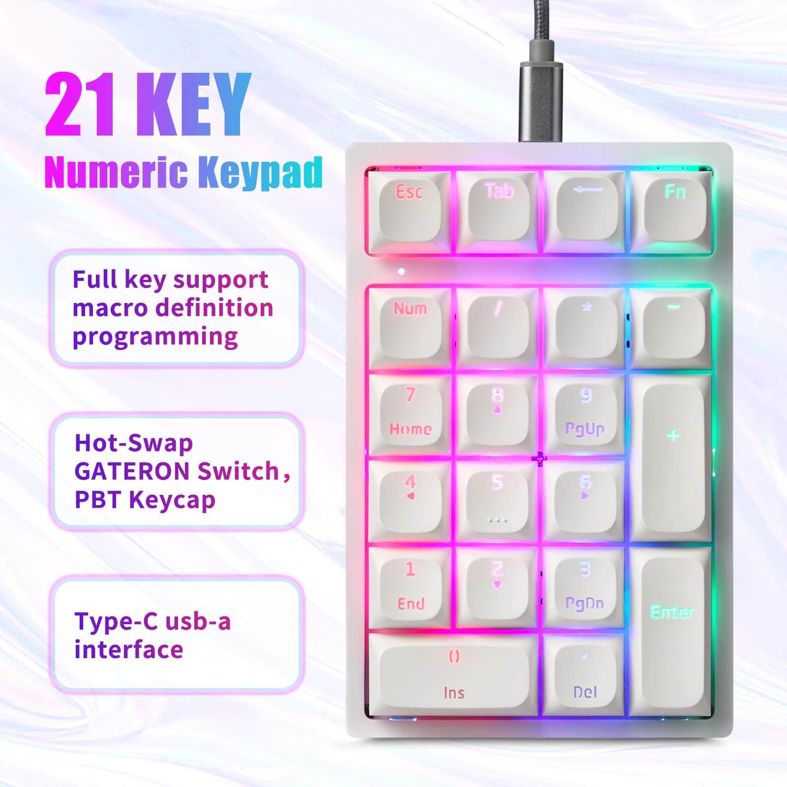 Motospeed Mechanical Numeric Keypad Hot Swap Gateron Switch Wired Gaming Keypad Rgb Backlit Pbt Keycap 21 Keys Mini Numpad Porta