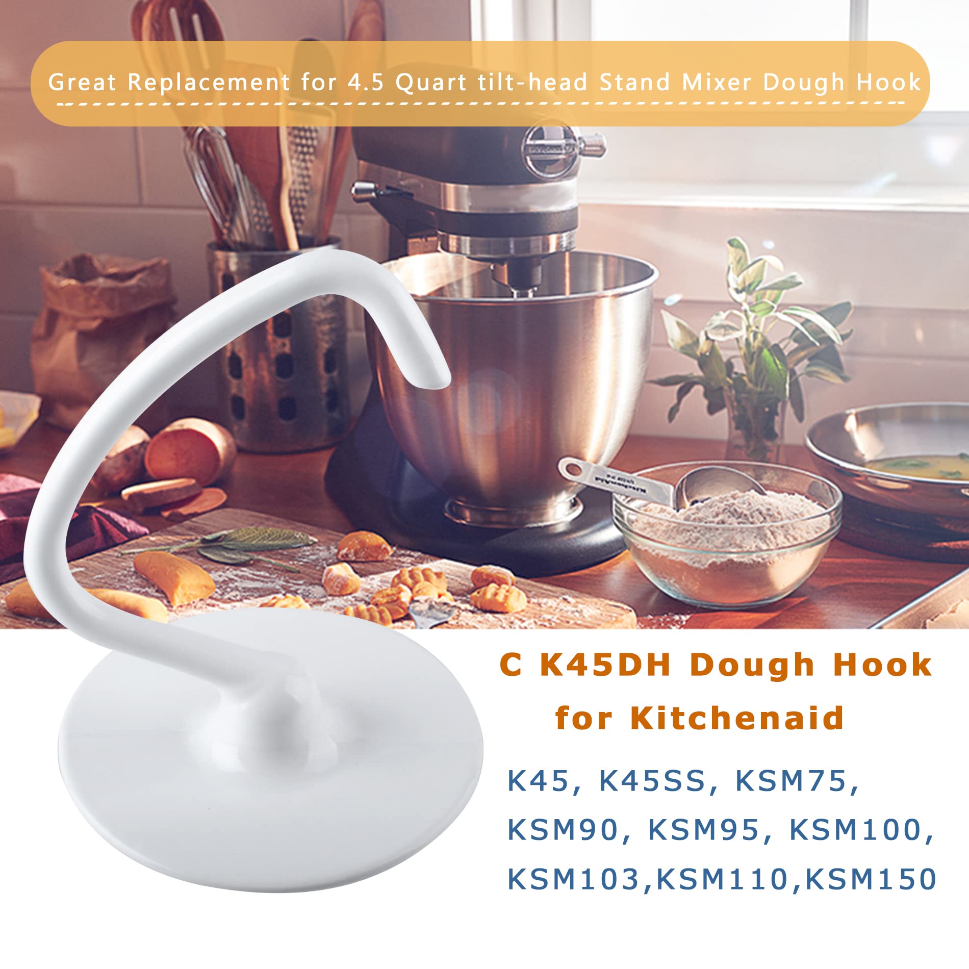 K45Dh C Dough Hook Replacement Compatible With Kitchen Aid K45 K45Ss Ksm90 Ksm110 Ksm150 Ksm75 4.5 Qt Tilt Head Stand Mixers Att