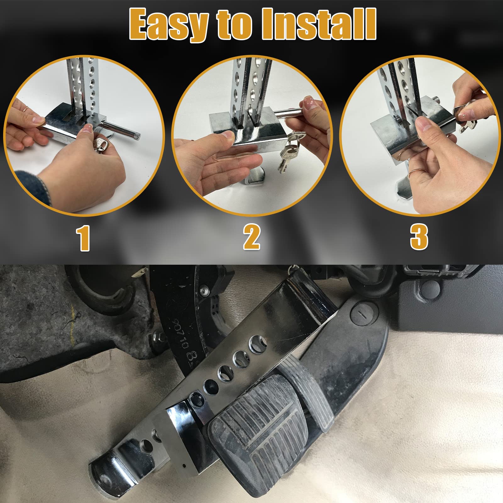 Flk Tech Anti Theft Brake Clutch Lock, Stainless Steel Clutch Lock Accelerator Lock, 9 Hole Adjustable Brake Pedal Lock With 3 K