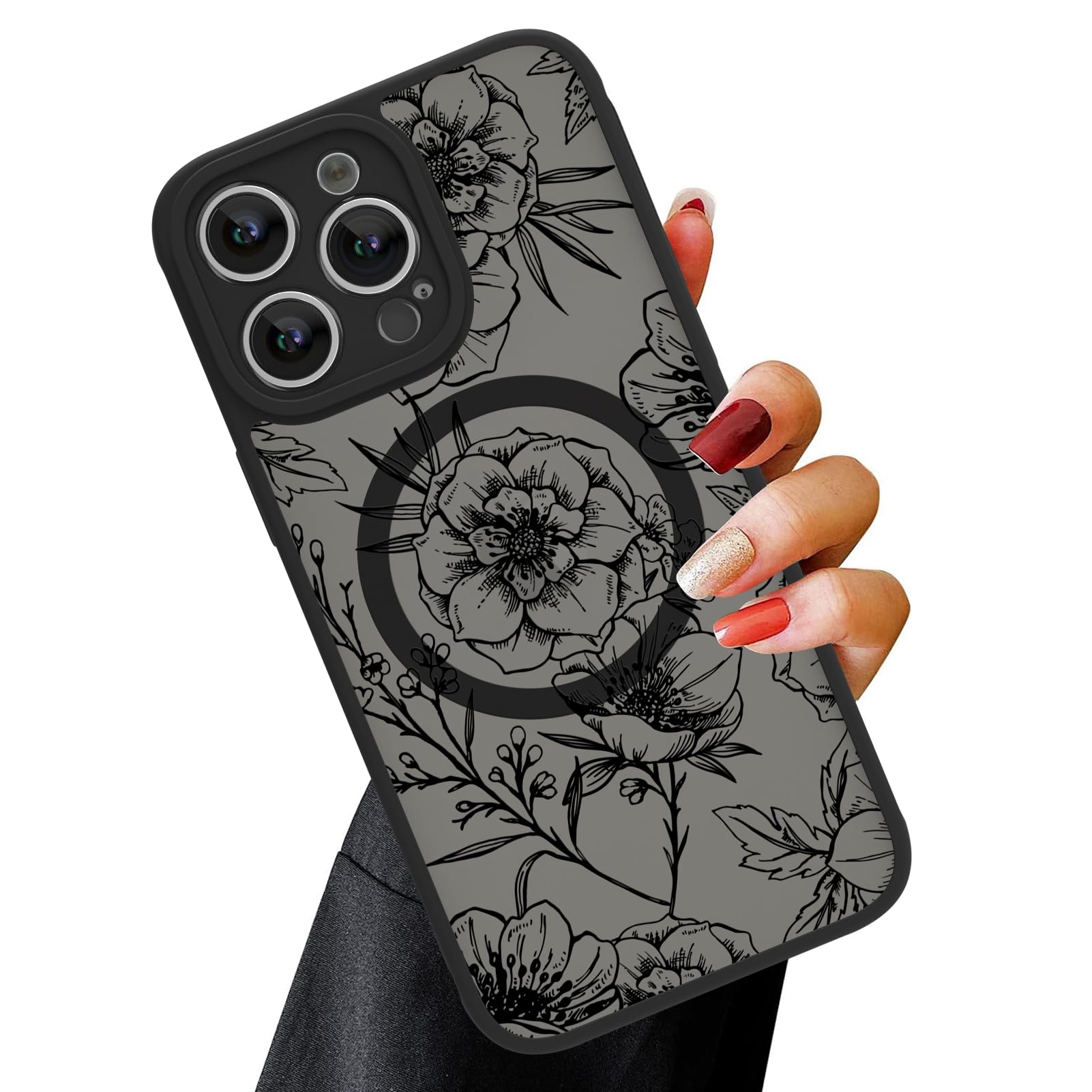 Ook Magnetic For Iphone 14 Pro Max Case Black Flower Floral Pattern [Compatible With Magsafe] Slim Translucent Matte Camera Lens