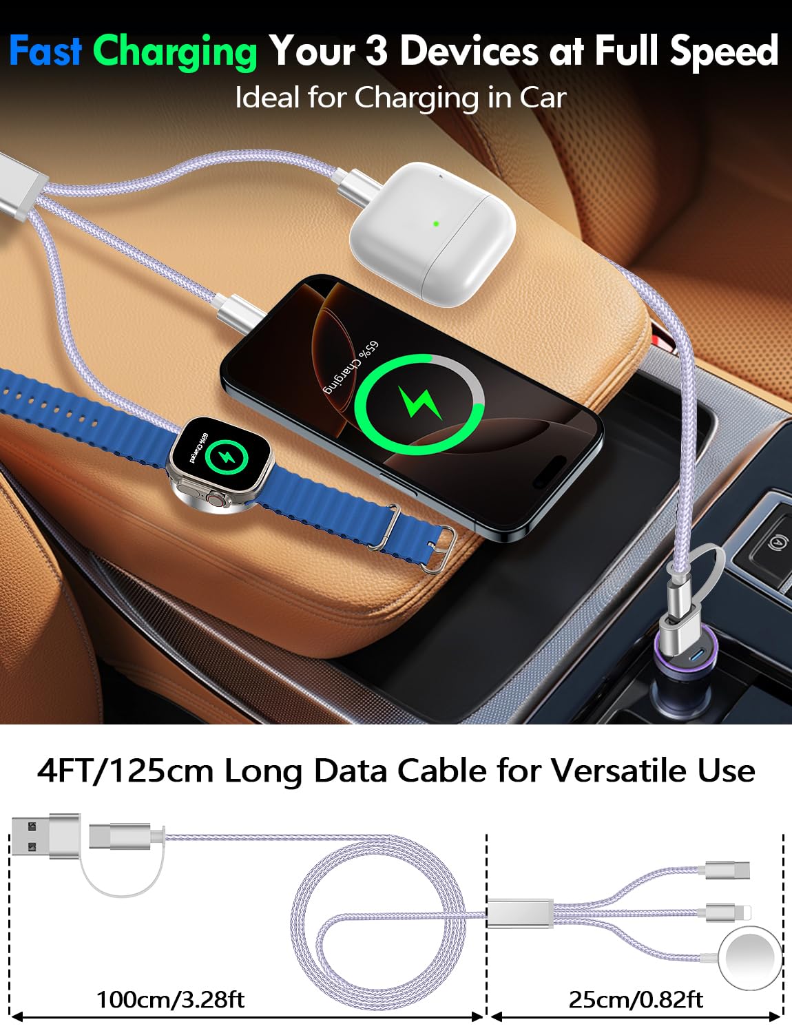 1Pack Multi Fast Charging Cable For Apple Watch Charger,Iphone Charger[3-In-2 Travel Essentials]Usb A/Type C/Lightning Cable For