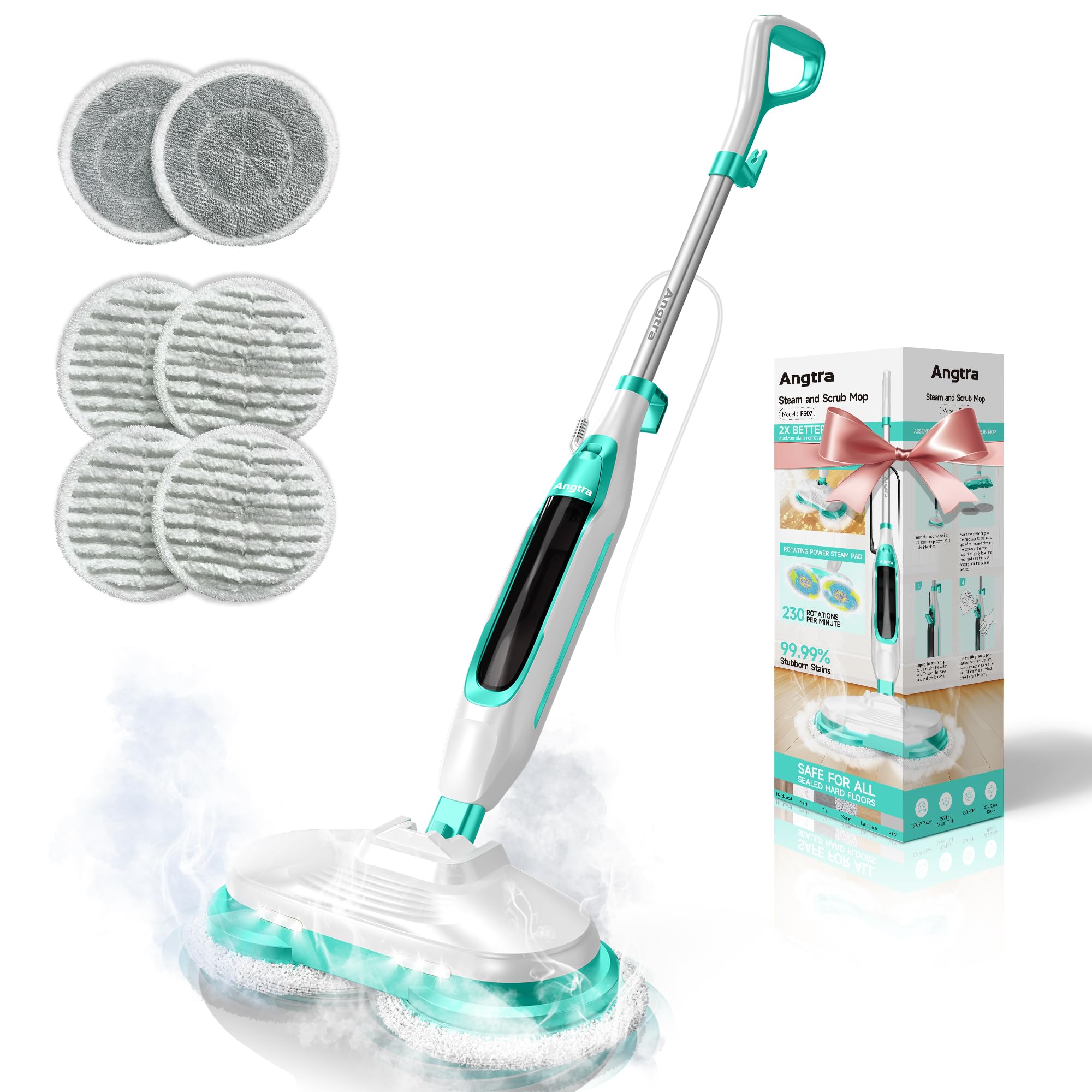 Angtra Scrubbing Steam Mop with Rotating Mop Pads, AllinOne Hard Floor Cleaner with LED Headlights, Steam & Spin Control, 6 So