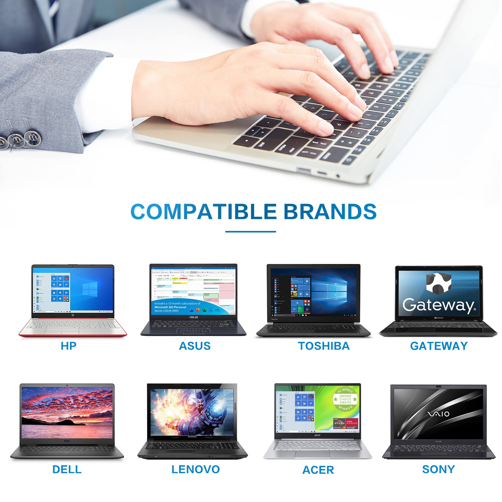 Powseed Universal Laptop Charger 45W For Hp Dell Acer Asus Samsung Sony Toshiba Fujitsu Gateway Delta Nec Liteon Notebook Chromebook Ultrabook 18.5V 19V 19.5V 20V Computer Power Cord Ac Adapter