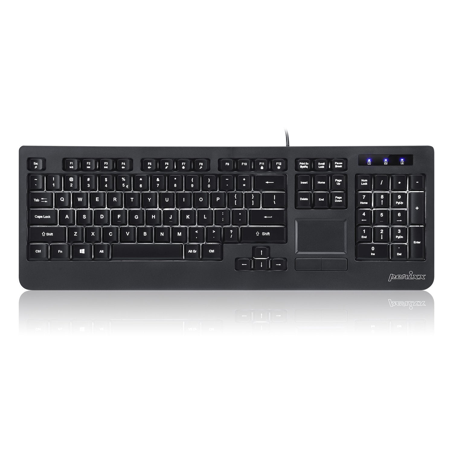Perixx Periboard 313 Wired Usb Backlit Keyboard With Touchpad, Full Size Layout, 3 Level Led Backlit Design, Black, Us English L