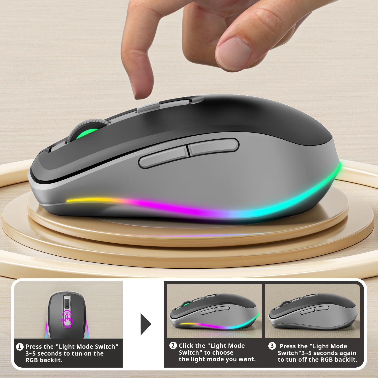 Seenda Wireless Mouse, Type C Mouse With Jiggler   Light Up Usb C Mouse, Usb&Type C Receiver, Build In Jiggler Mover Compatible With Macbook,Ipad,Windows Tablet/Laptop/Computer, Grey