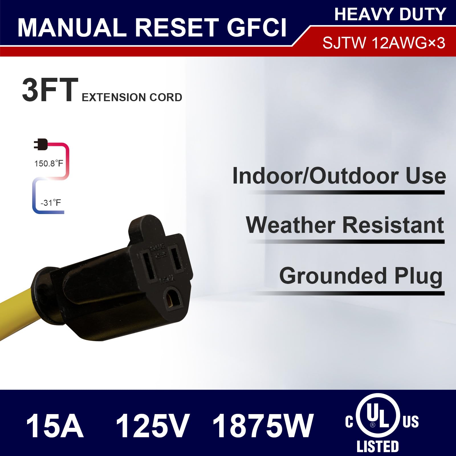 Aida 2Ft Auto Reset 12/3 Gauge Sjtw Heavy Duty Gfci Extension Cord With 3 Prong Grounded Plug, 15 Amp Yellow Outdoor Extension C