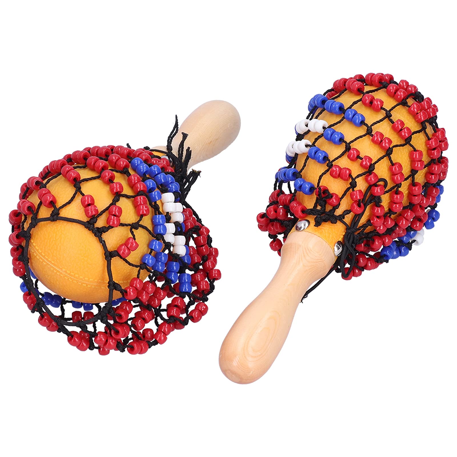 2Pcs Tambourine Sand Hammer Shakers with Bead Net Wooden Handles 10.2inch Rattle Hand Percussion Instrument for Party Games Musi