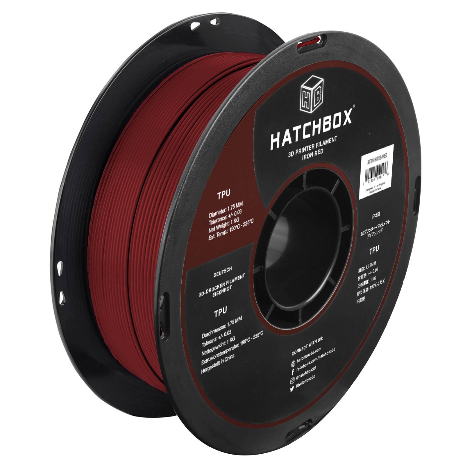 HATCHBOX 1.75mm Iron Red TPU 3D Printer Filament Shore 95A, 1 KG Spool, Dimensional Accuracy +/- 0.03 mm, 3D Printing Filament