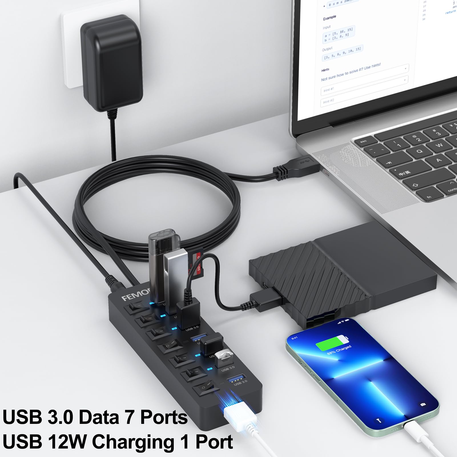 Powered Usb Hub 3.0, 5Gbps Data Transfer 7 Ports And 12W Charging Only 1 Port With 5V/3A Power Adapter 4Ft Long Cable & Individual Led Switches For Laptop Pc Flash Drive Ssd Hdd Keyboard Mouse...