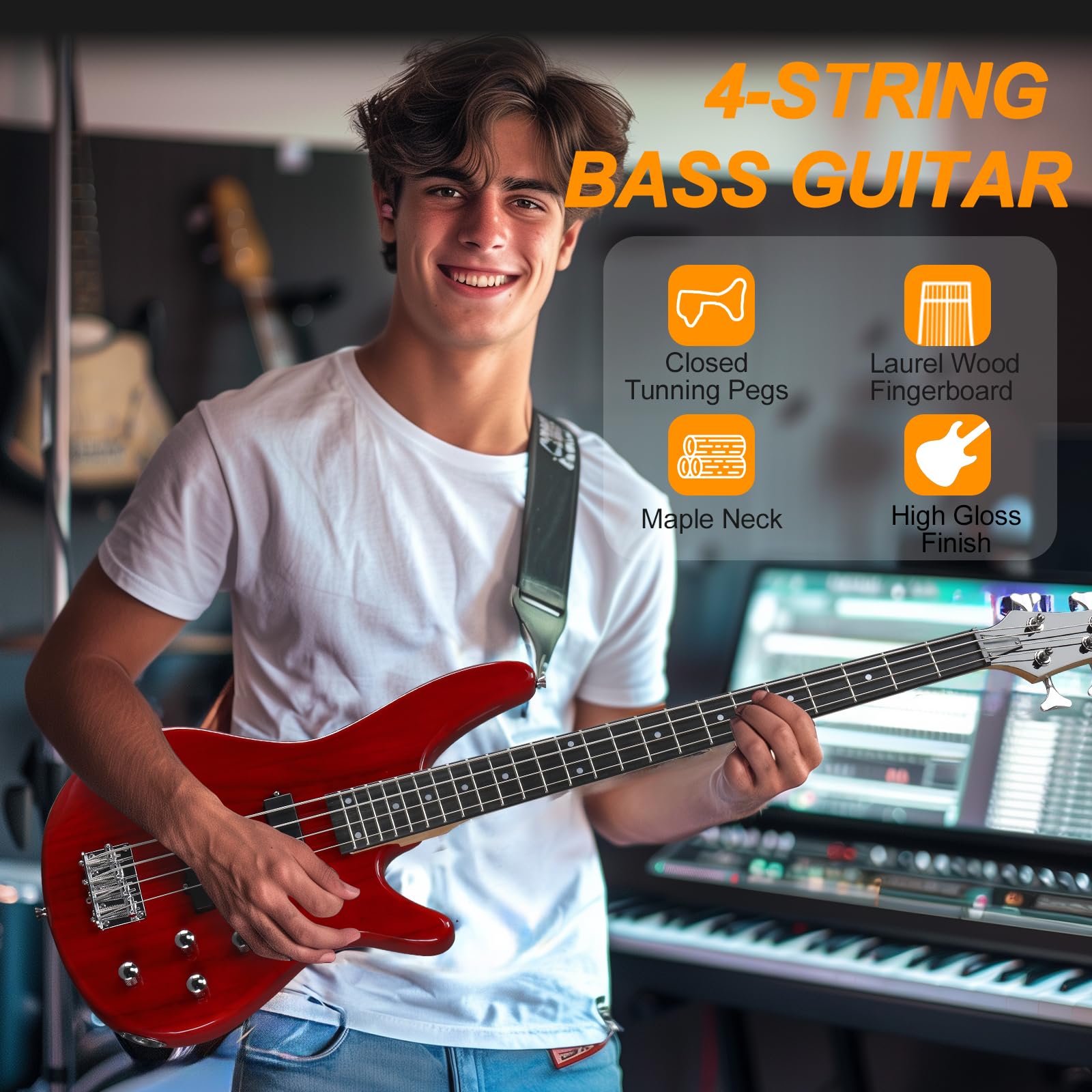 Ktaxon Electric Bass Guitar 4 String Bass Guitar With 20 Watt Amplifier, Pj Type Pickup, Naturally Air Dried Maple Neck, Rosewoo