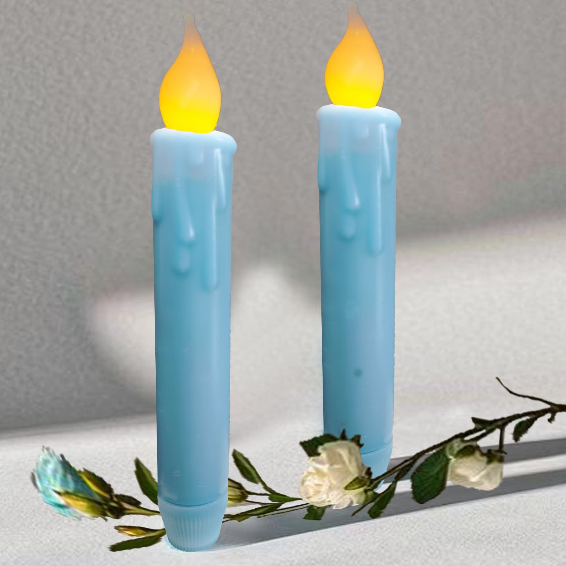 Lincountry.Primitive Wax Blue Battery Operated Taper Candles Flickering Flameless Taper Candles With Timer,Dripped Led Candles 6