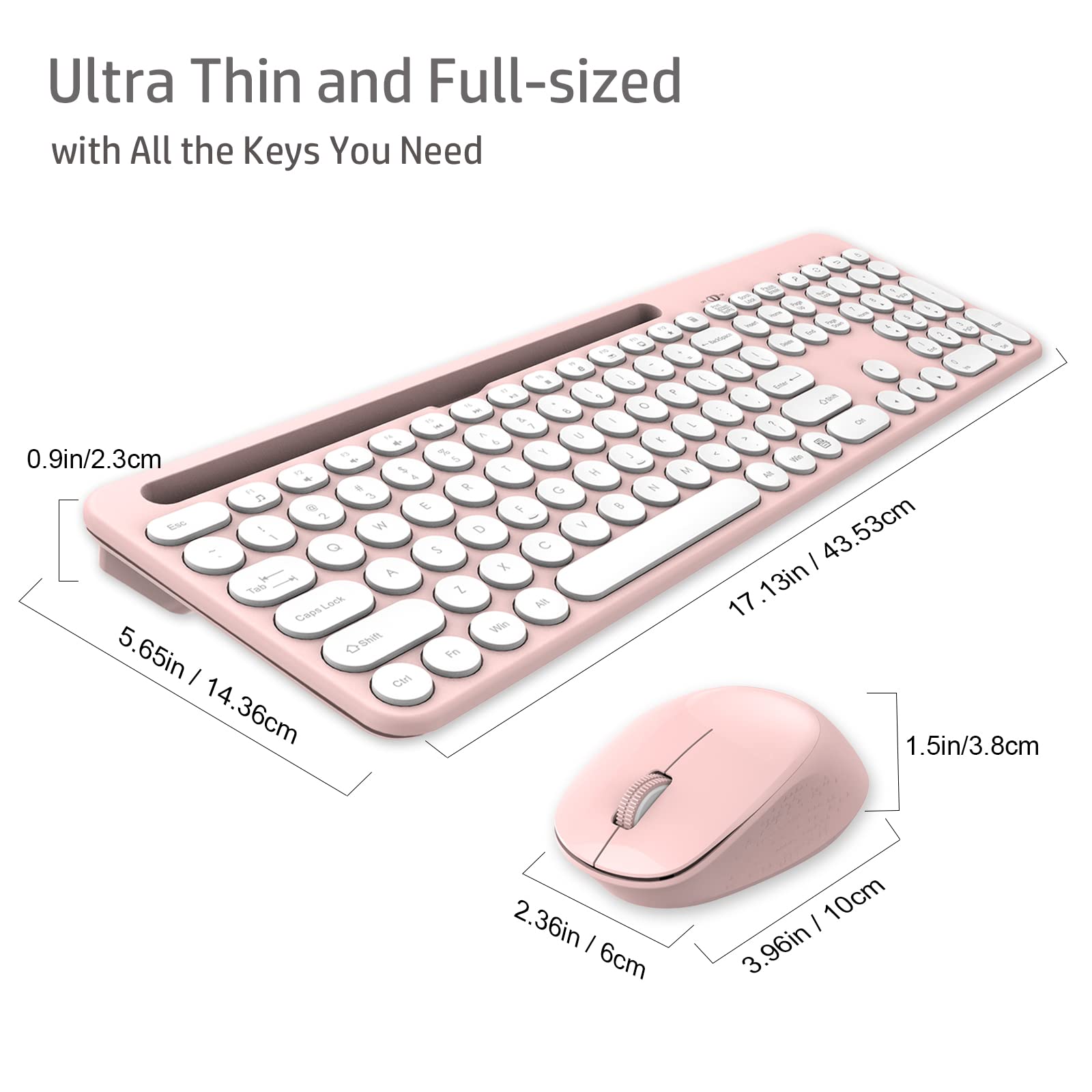 Leadsail Pink Wireless Keyboard And Mouse Combo, Full Sized Ergonomic Computer Keyboard With Phone Tablet Holder, 2.4Ghz Silent