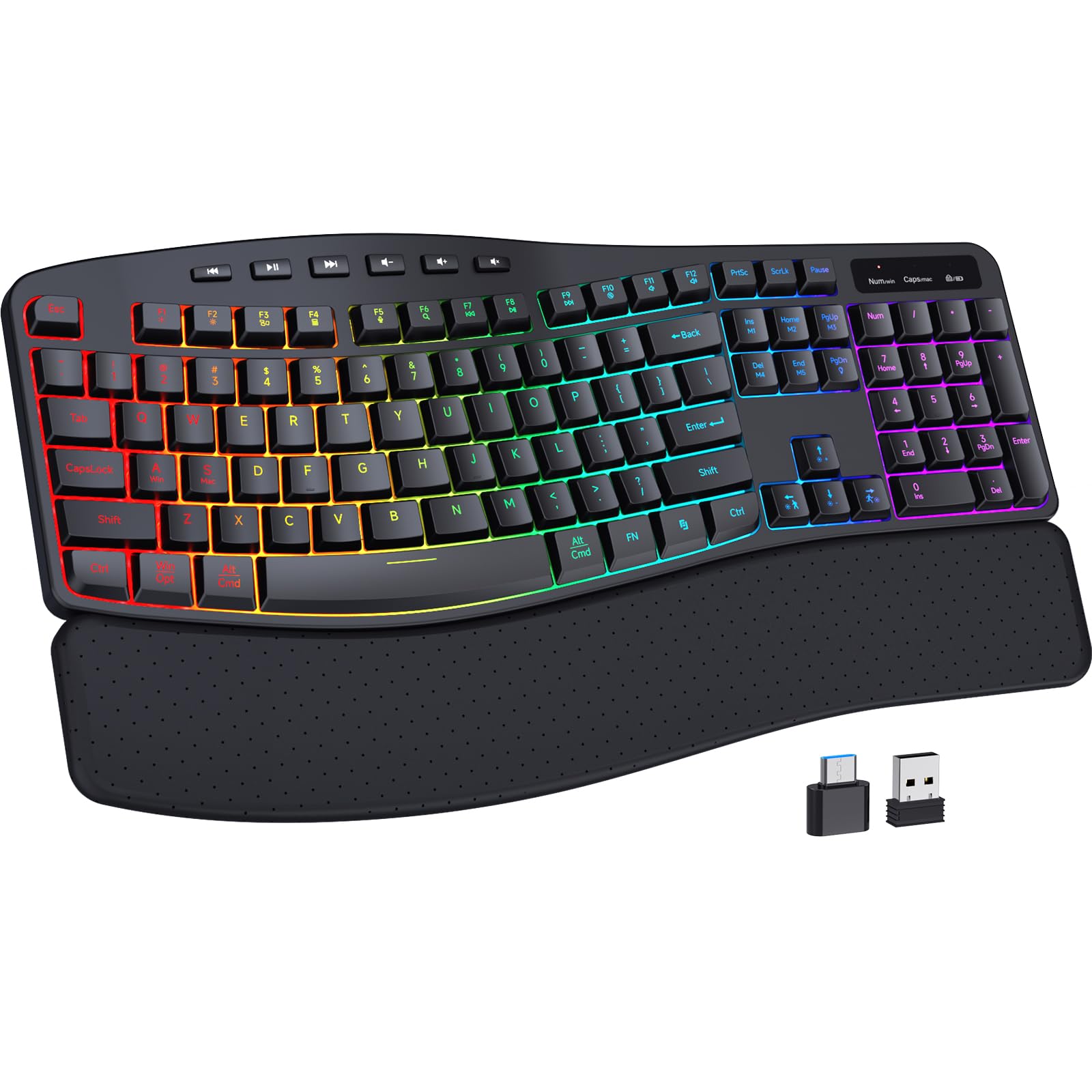 COLIKES Wireless Ergonomic Keyboard, Backlit Keyboard Silent with 15 RGB Lighting Effects, Leather Wrist Rest, 2500mAh Rechargea