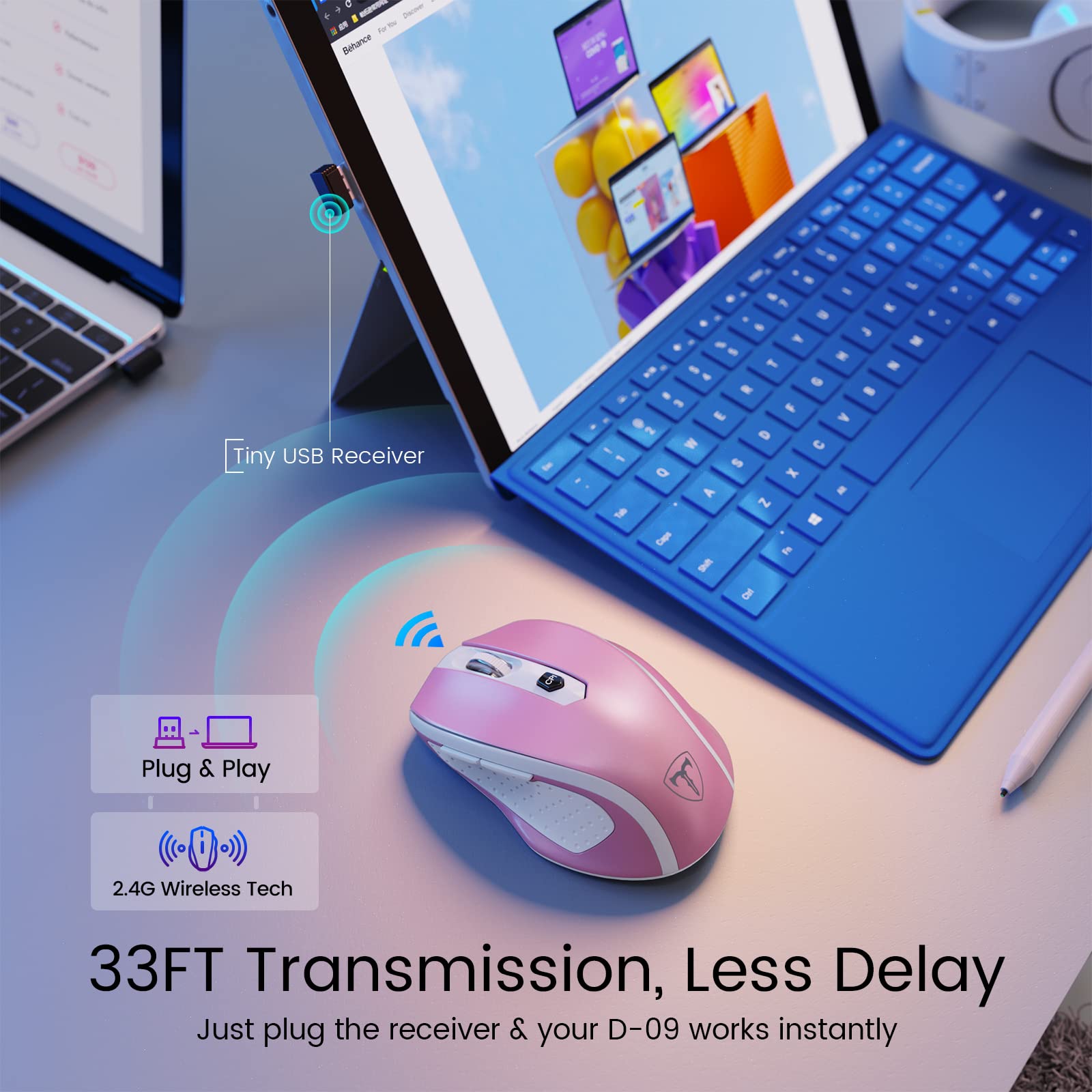 Hotweems Wireless Mouse, D 09 Computer Mouse Usb Cordless Mice For Laptop, Ergo Grips, Lightspeed 5 Level 2400 Dpi, 16 Months Ba