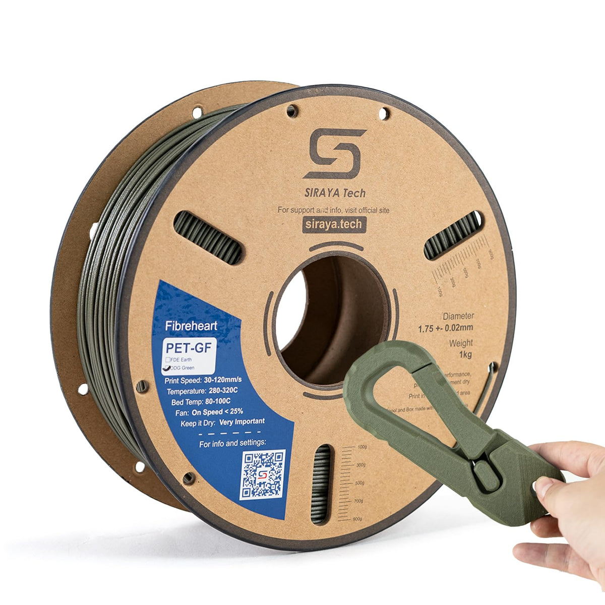 Siraya Tech Fibreheart PET-GF ODG Olive Green 3D Printing Filament, 1k ...