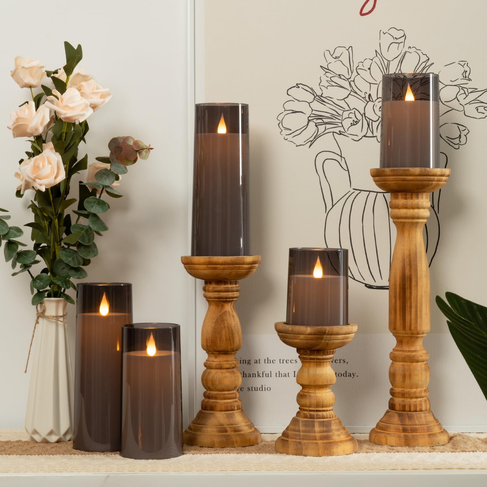 Raycare Grey Flameless Candles With Remote And Timer, 5 Pcs Battery Operated Acrylic Flickering Led Pillar Candles For Romantic