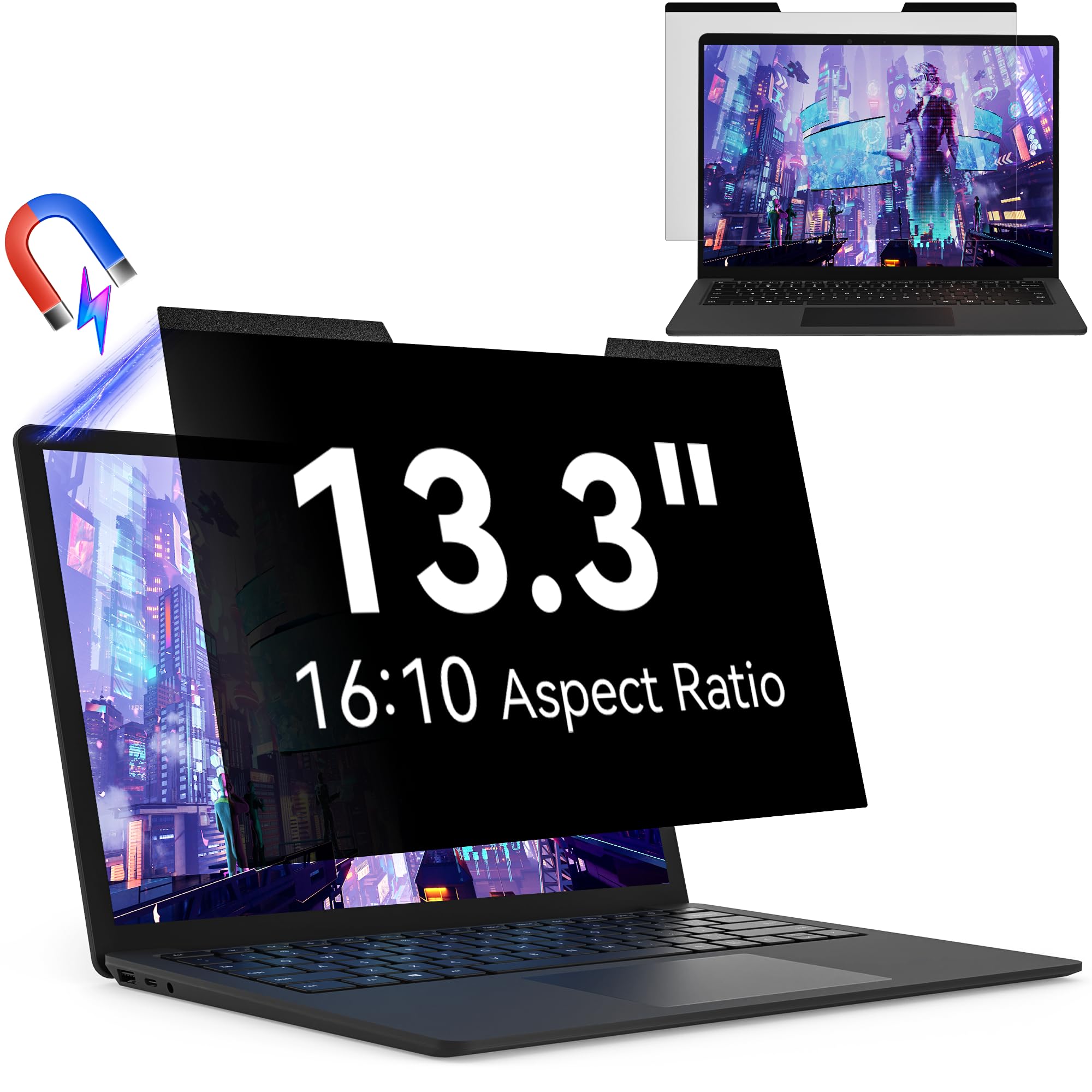 Magnetic 13.3 Inch Laptop Privacy Screen For 16:10 Computer Monitor, Removable Anti Glare Blue Light Filter Protector, 13 In Pri