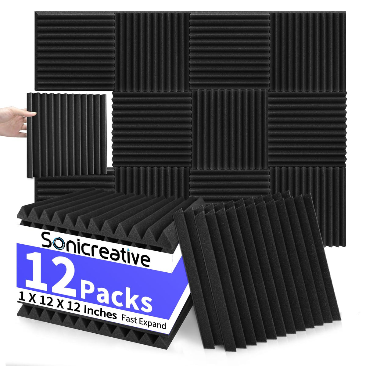 Sonicreative 12 Pack Acoustic Foam Panels 1 X 12 X 12 Inches Sound Proof Foam Panels For Walls, Wedge Soundproof Wall Panels Sou