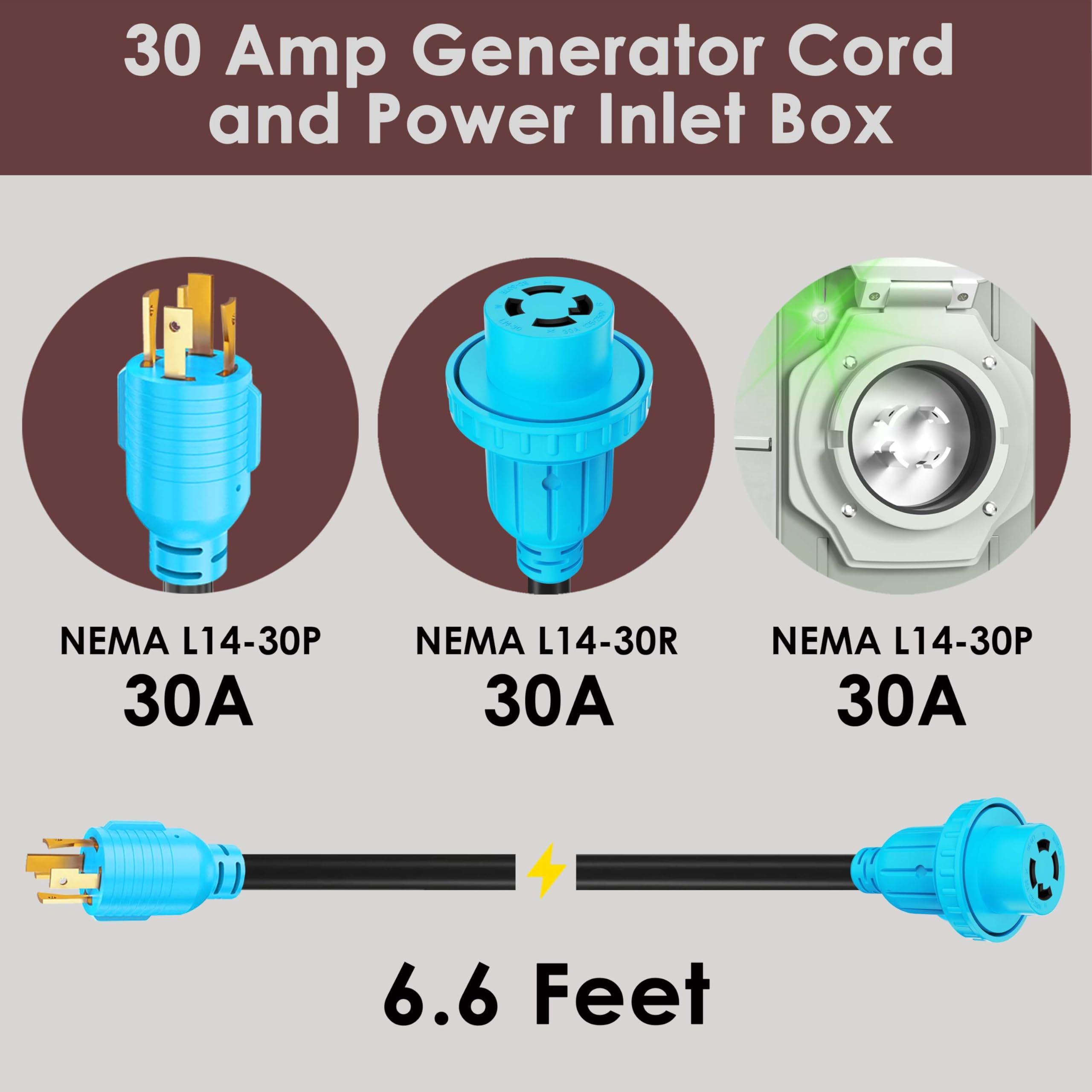 Circlecord 4 Prong 6.6 Feet 30 Amp Generator Extension Cord And Inlet Box With Locking Connector, Heavy Duty Nema L14 30P/L14 30