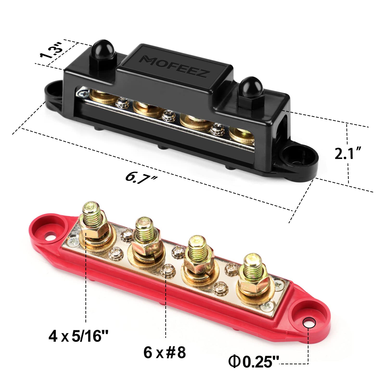 Mofeez Power Distribution Block Bus Bar, 4 X 516 Posts, 6 X #8 Screws Terminals, Max 48V 250A (Pair, Red & Black)